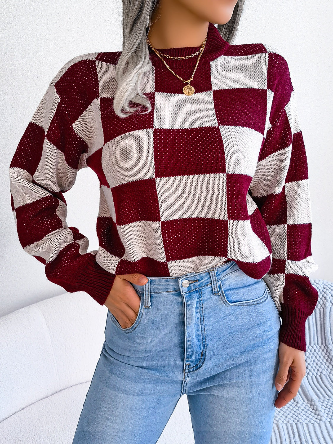 Checkered Mock Neck Long Sleeve Sweater-TOPS / DRESSES-[Adult]-[Female]-2022 Online Blue Zone Planet