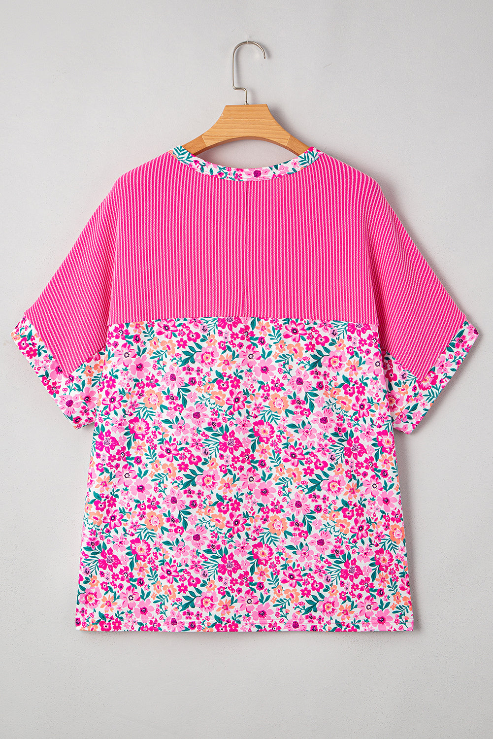 Pink Plus Size Floral Print Corded Patchwork Loose Top-Plus Size/Plus Size Tops/Plus Size Tops & Tees-[Adult]-[Female]-2022 Online Blue Zone Planet