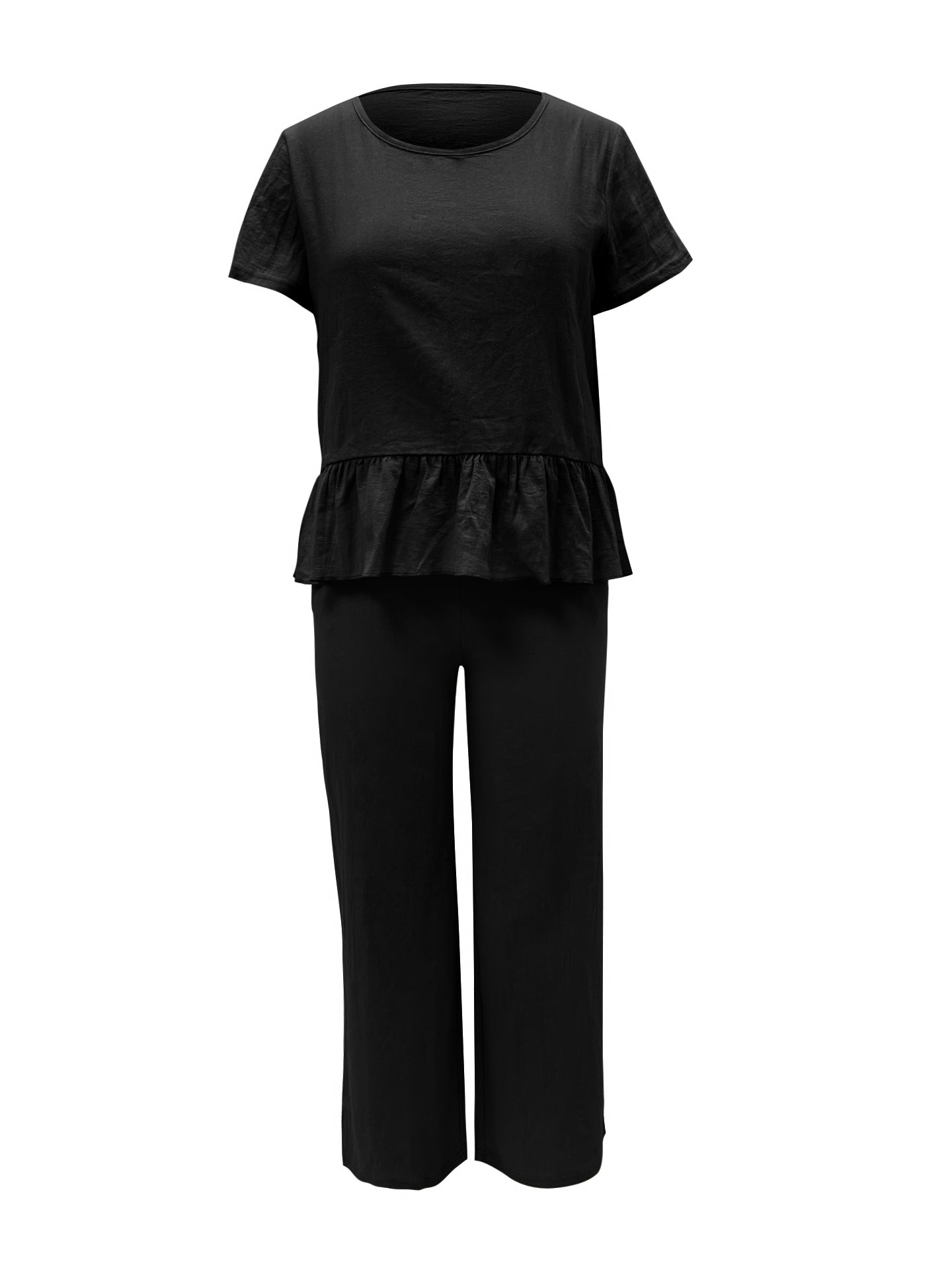 Blue Zone Planet | Peplum Round Neck Short Sleeve Top and Pants Set-TOPS / DRESSES-[Adult]-[Female]-2022 Online Blue Zone Planet