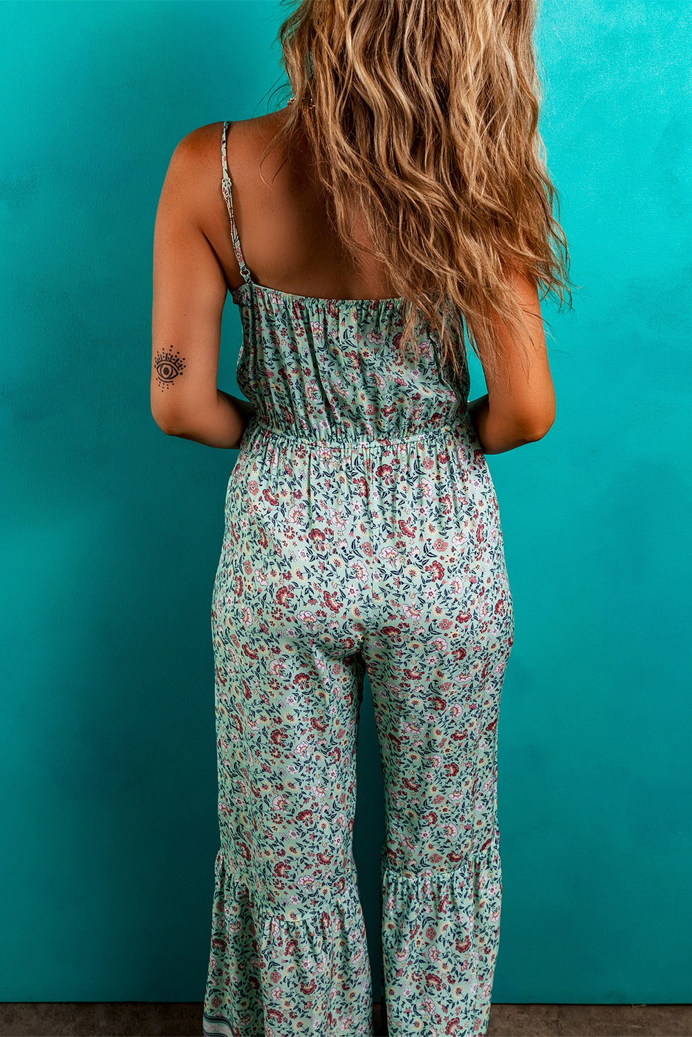 Green Bohemian Floral Ruffle Bottom Spaghetti Strap Jumpsuit-Bottoms/Jumpsuits & Rompers-[Adult]-[Female]-2022 Online Blue Zone Planet