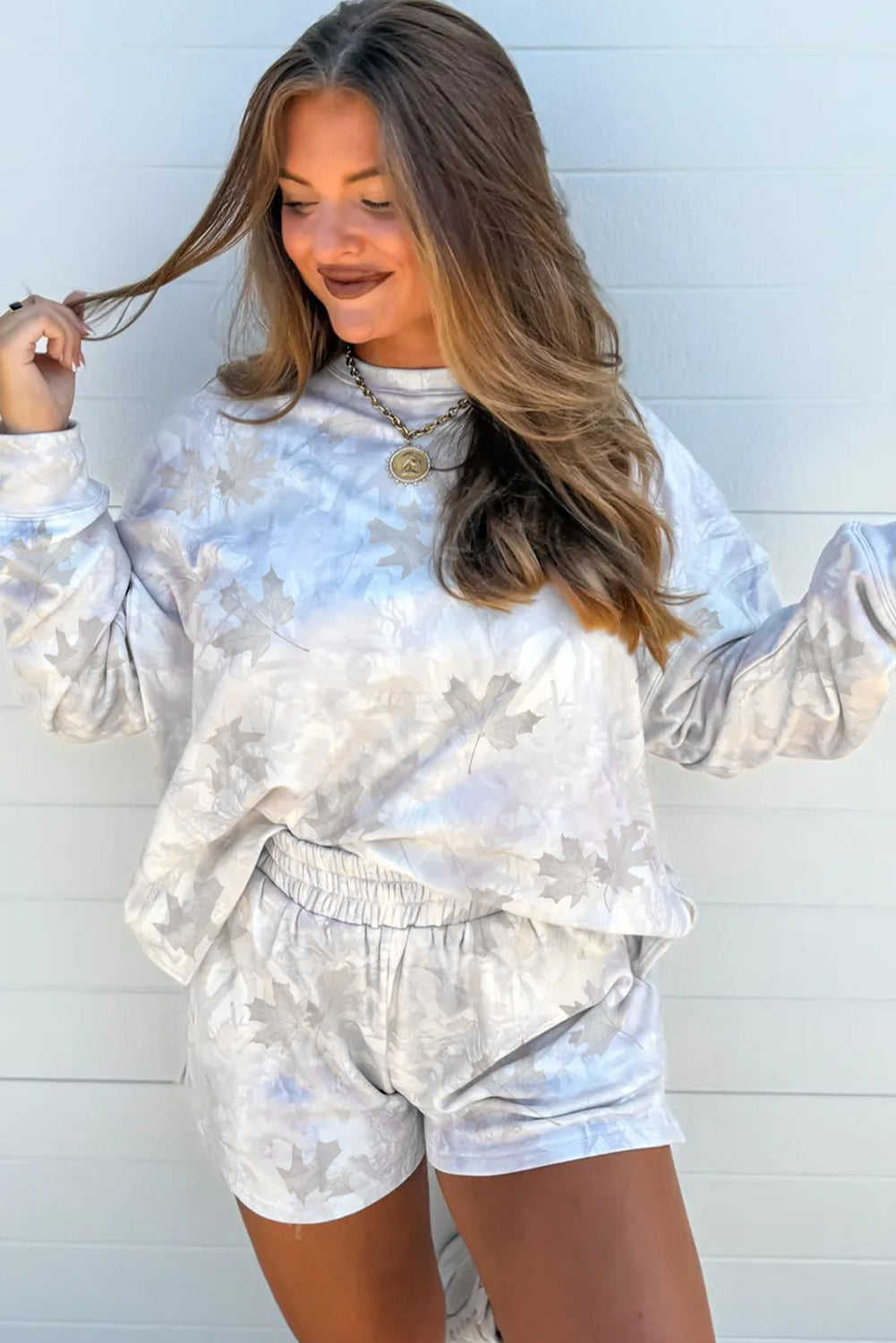 Beige Camo Print Pullover Top And Elastic Waist Casual Short Set-Two Piece Sets/Short Sets-[Adult]-[Female]-2022 Online Blue Zone Planet