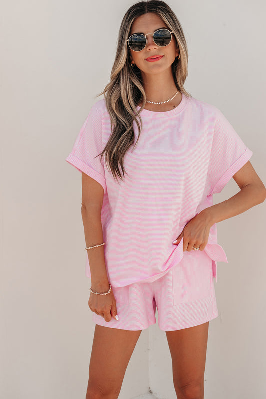 Pink Stripe Matching Oversized Tee and Drawstring Shorts Set-Two Piece Sets/Short Sets-[Adult]-[Female]-Pink Stripe-S-2022 Online Blue Zone Planet