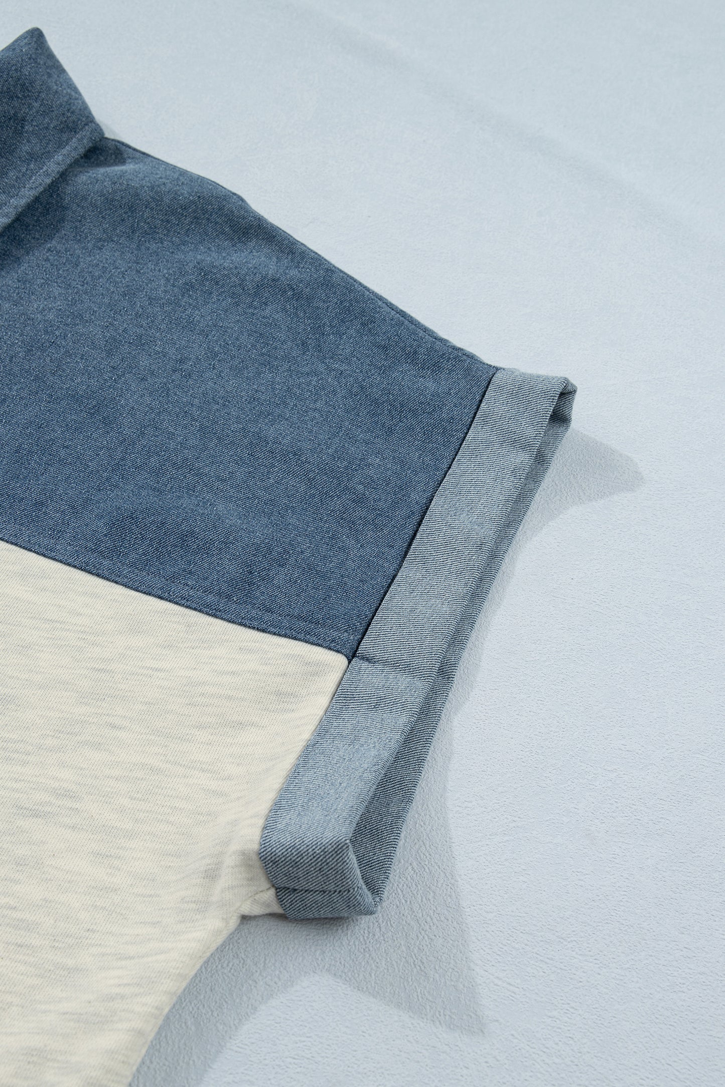 Light Grey Half Buttons Collared Denim Patchwork Plus Short Sleeve Top-Plus Size/Plus Size Tops/Plus Size Blouses & Shirts-[Adult]-[Female]-2022 Online Blue Zone Planet