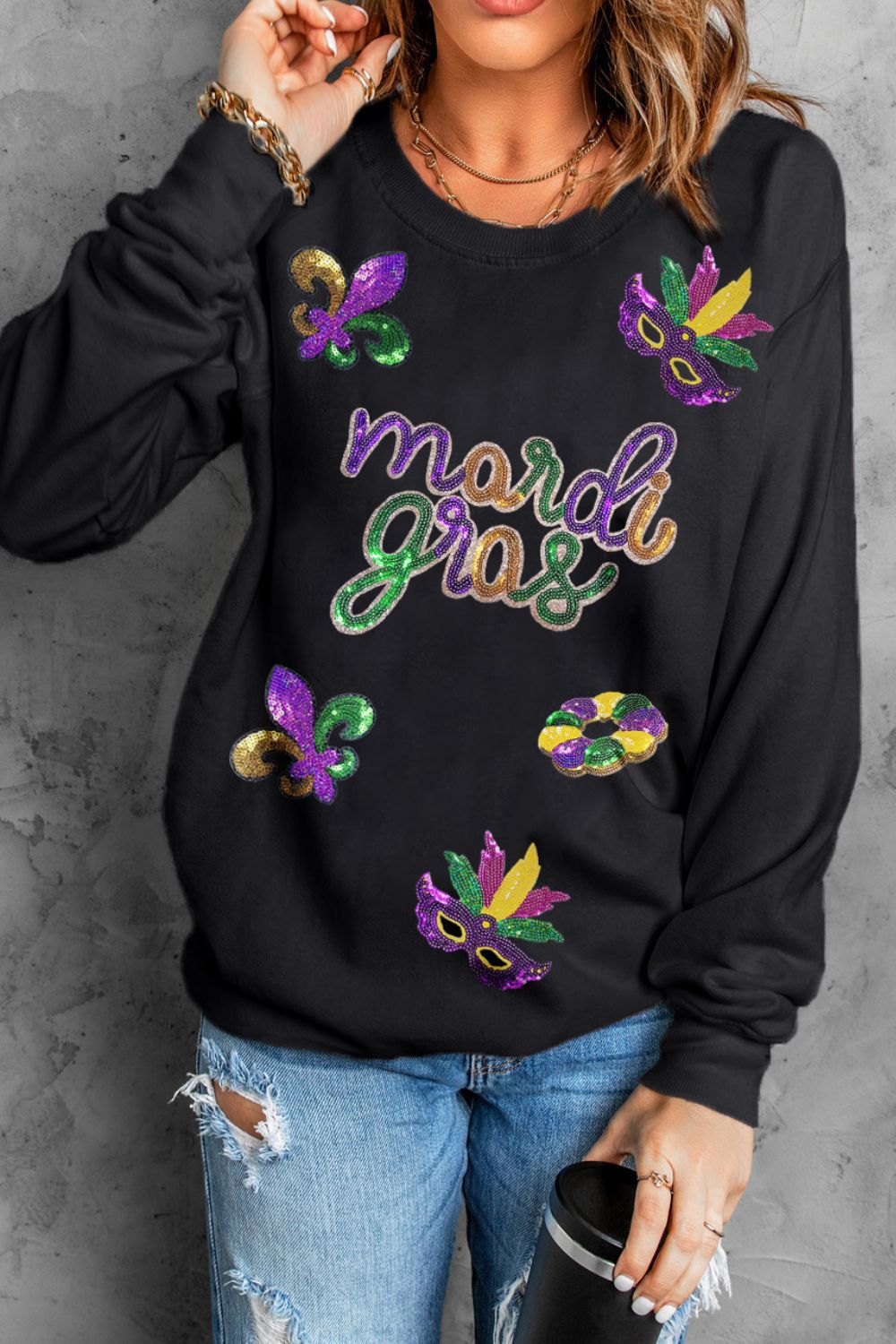 MARDI GRAS Sequin Round Neck Sweatshirt-TOPS / DRESSES-[Adult]-[Female]-2022 Online Blue Zone Planet