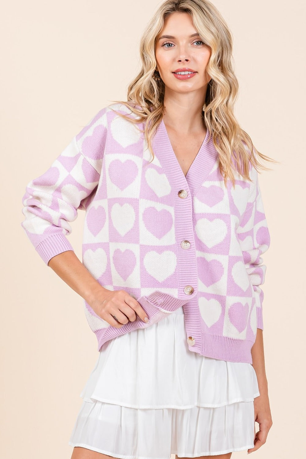 Blue Zone Planet | Mittoshop Checkered Heart Button Down Cardigan-TOPS / DRESSES-[Adult]-[Female]-2022 Online Blue Zone Planet