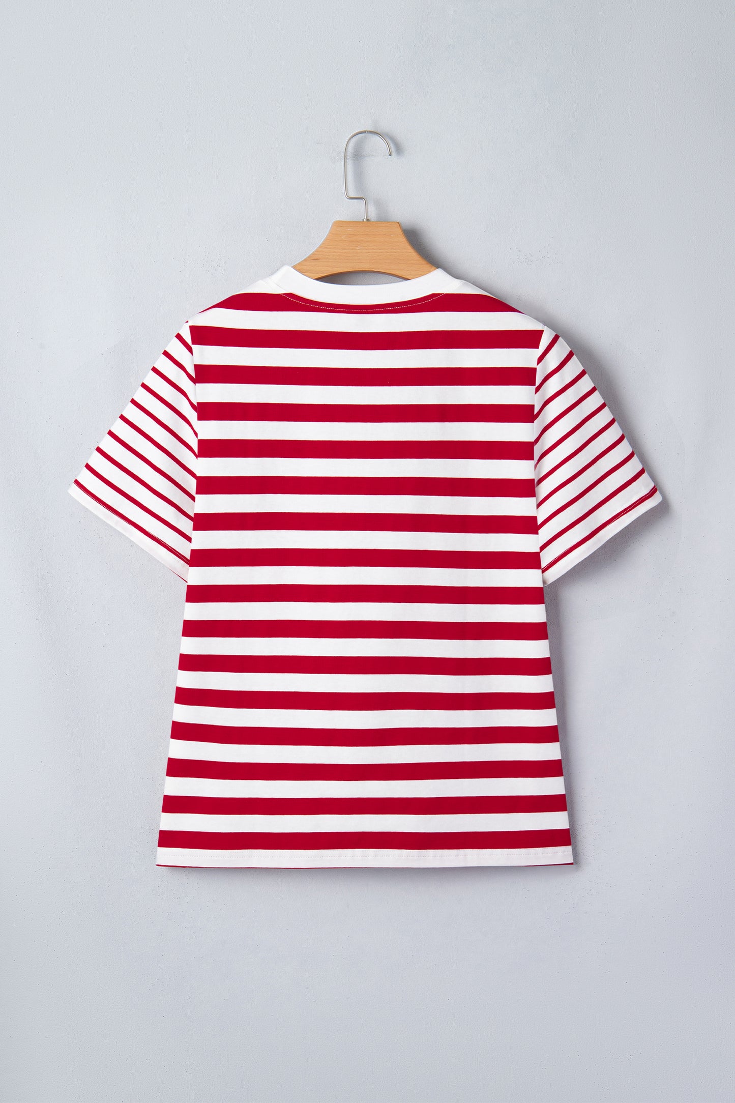 Red Stripe Patchwork Round Neck T Shirt-Tops/Tops & Tees-[Adult]-[Female]-2022 Online Blue Zone Planet