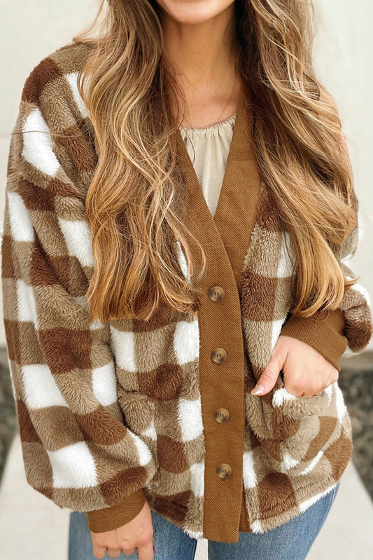 Brown Checkered Sherpa Loose Knit Cardigan With Pockets-Sweaters & Cardigans/Cardigans-[Adult]-[Female]-Brown-S-2022 Online Blue Zone Planet