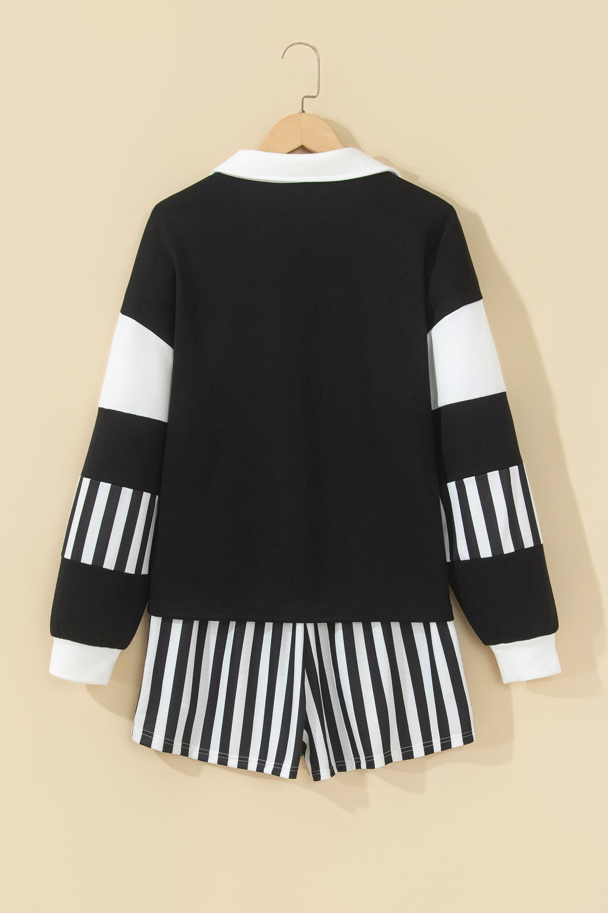 Black Striped Color Block Pullover Top Drawstring Shorts Set-Two Piece Sets/Short Sets-[Adult]-[Female]-2022 Online Blue Zone Planet