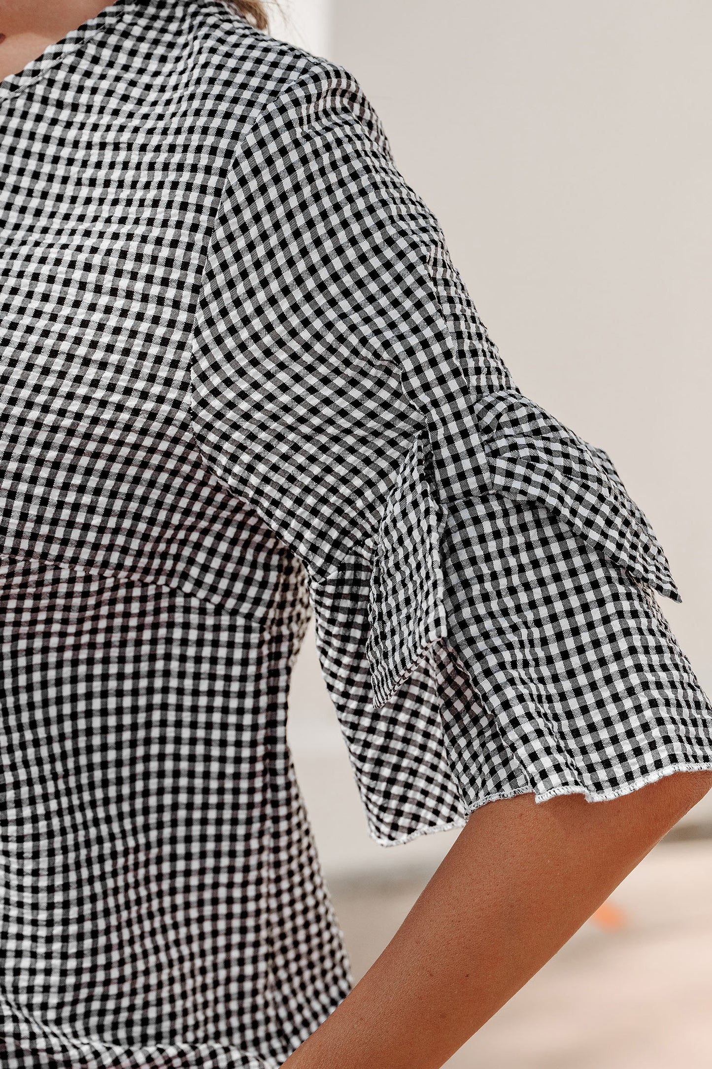 Black Plaid Bow Ruffled Half Sleeve Round Neck Blouse-Tops/Blouses & Shirts-[Adult]-[Female]-2022 Online Blue Zone Planet
