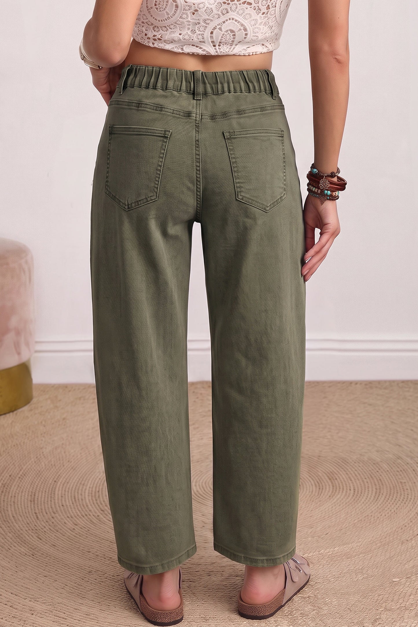 Four Leaf Clover Solid Color Square Patch Pocket Ankle-length Barrel Jeans
