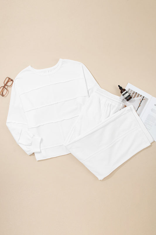 White Textured Raw Seam Plus Size Pullover Top and Drawstring Pants Set-Plus Size/Plus Size Loungewear-[Adult]-[Female]-2022 Online Blue Zone Planet