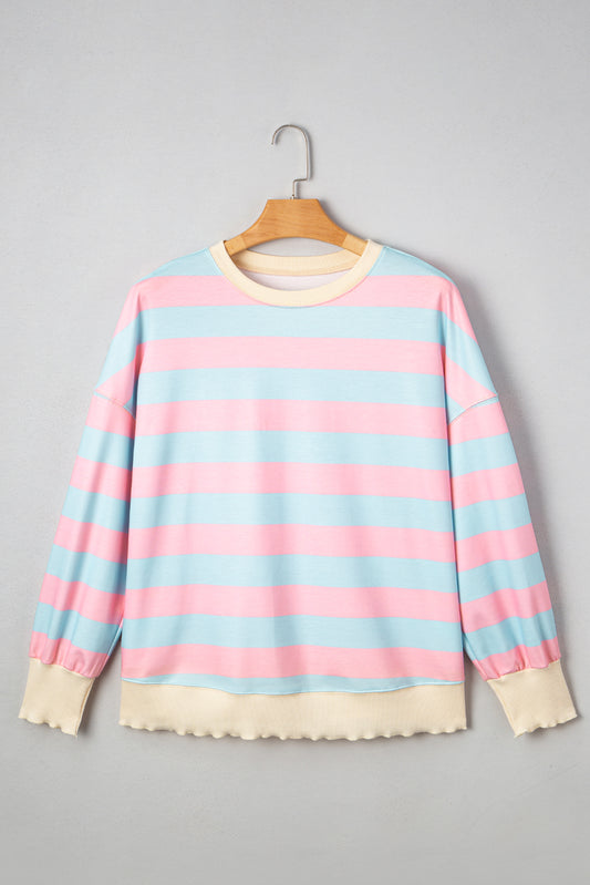 Sky Blue Stripe Drop Shoulder Crewneck Plus Size Sweatshirt-Plus Size/Plus Size Sweatshirts & Hoodies-[Adult]-[Female]-2022 Online Blue Zone Planet