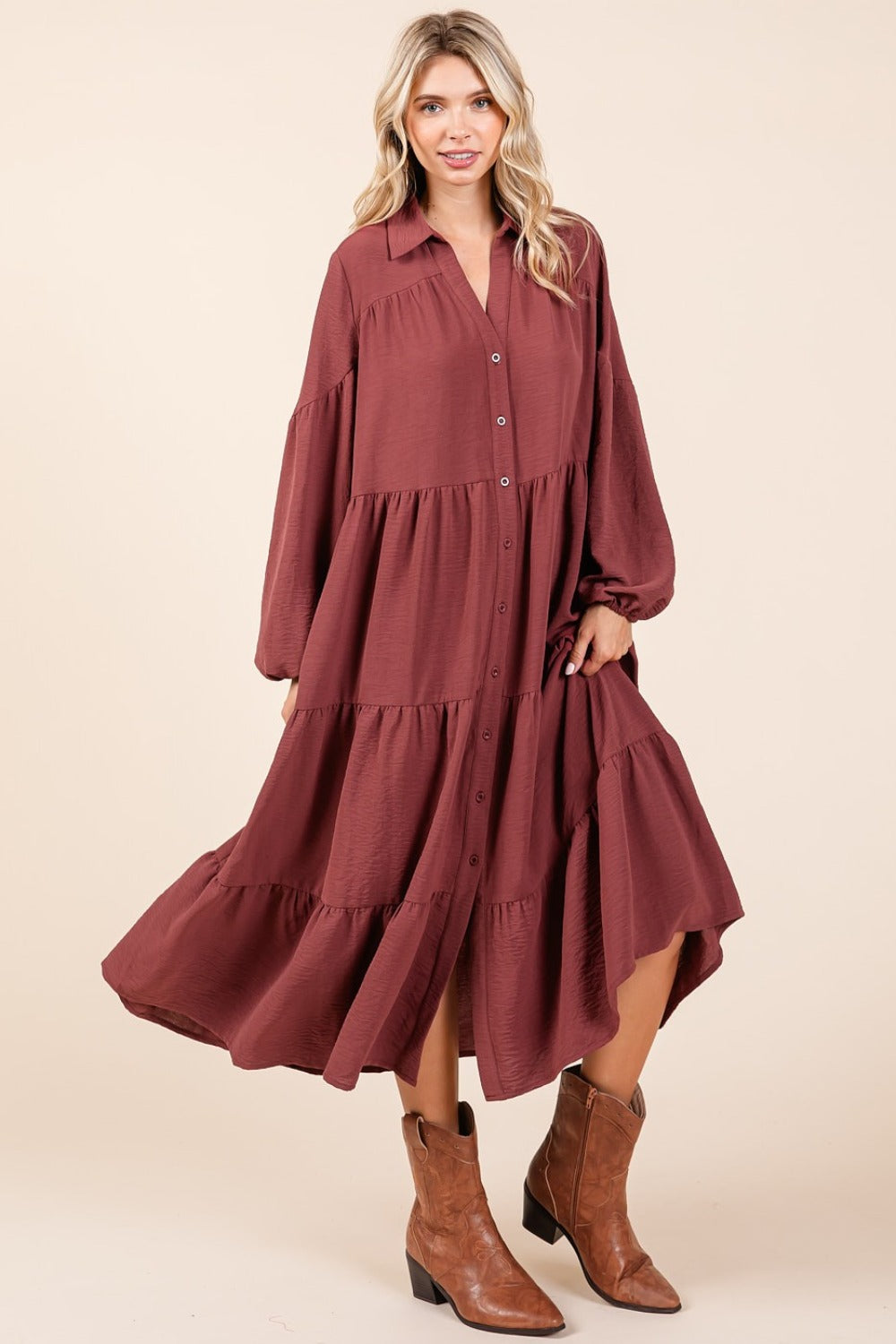 Blue Zone Planet | Mittoshop Tiered Button Down Long Sleeve Midi Dress-TOPS / DRESSES-[Adult]-[Female]-2022 Online Blue Zone Planet