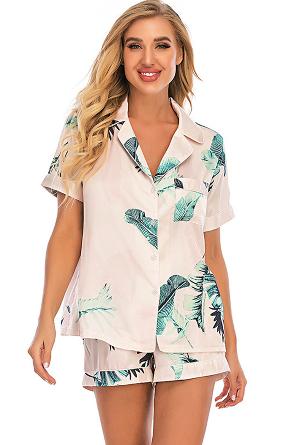 Printed Button Up Short Sleeve Top and Shorts Lounge Set-TOPS / DRESSES-[Adult]-[Female]-2022 Online Blue Zone Planet