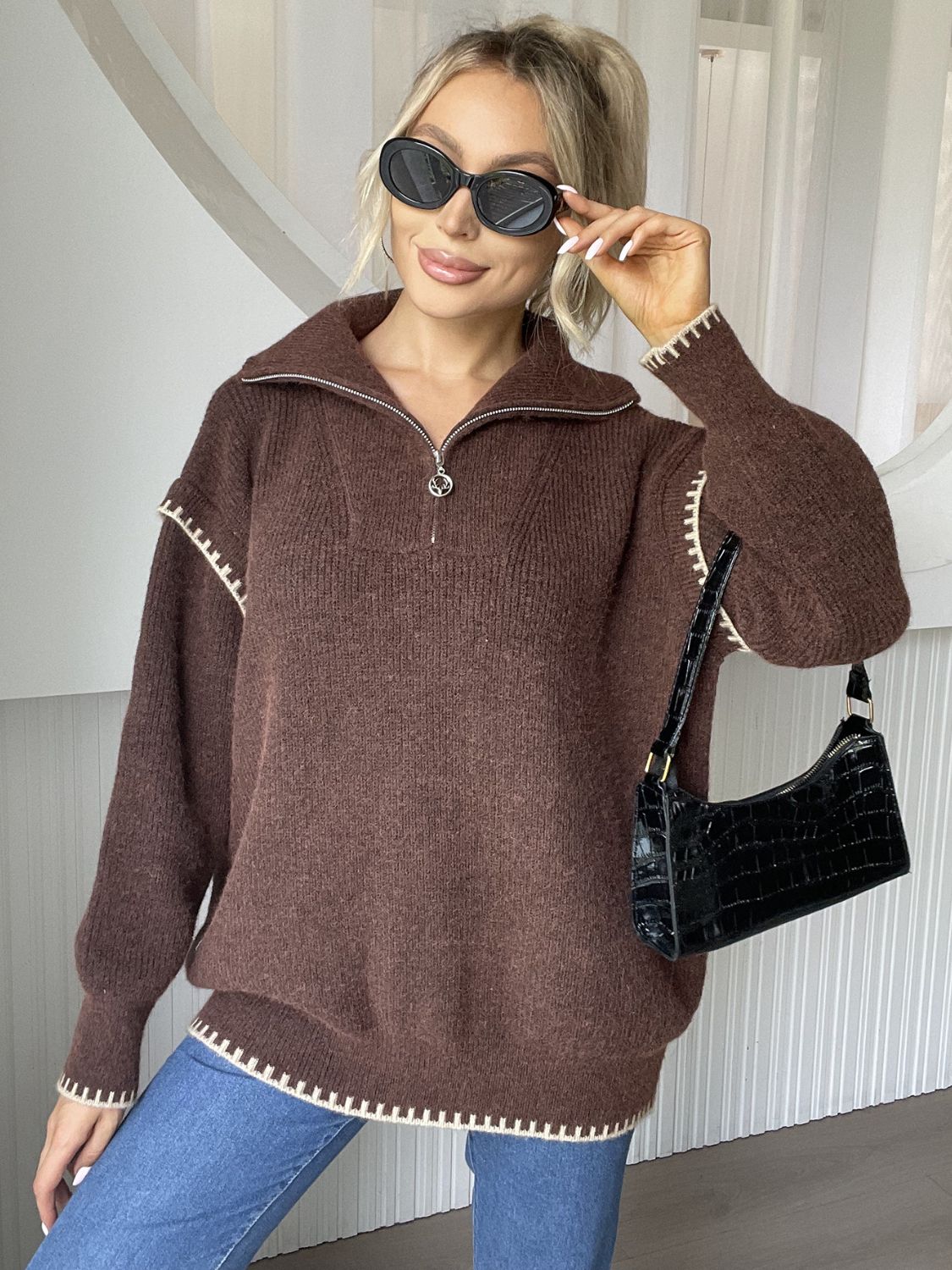 Quarter Zip Contrast Dropped Shoulder Sweater-TOPS / DRESSES-[Adult]-[Female]-Brown-One Size-2022 Online Blue Zone Planet