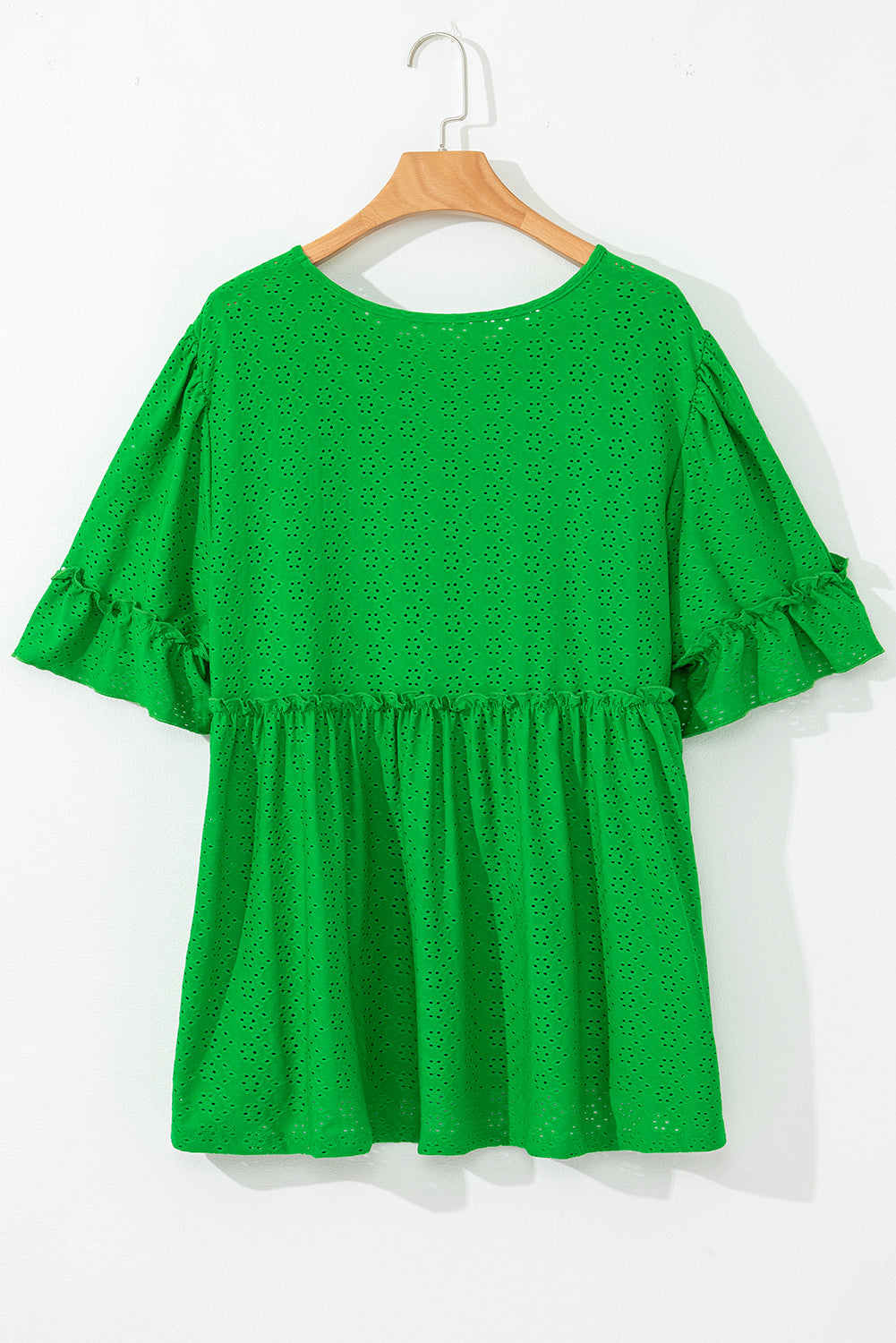Green Textured Frilled Short Sleeve Plus Size Babydoll Blouse-Plus Size/Plus Size Tops/Plus Size Blouses & Shirts-[Adult]-[Female]-2022 Online Blue Zone Planet