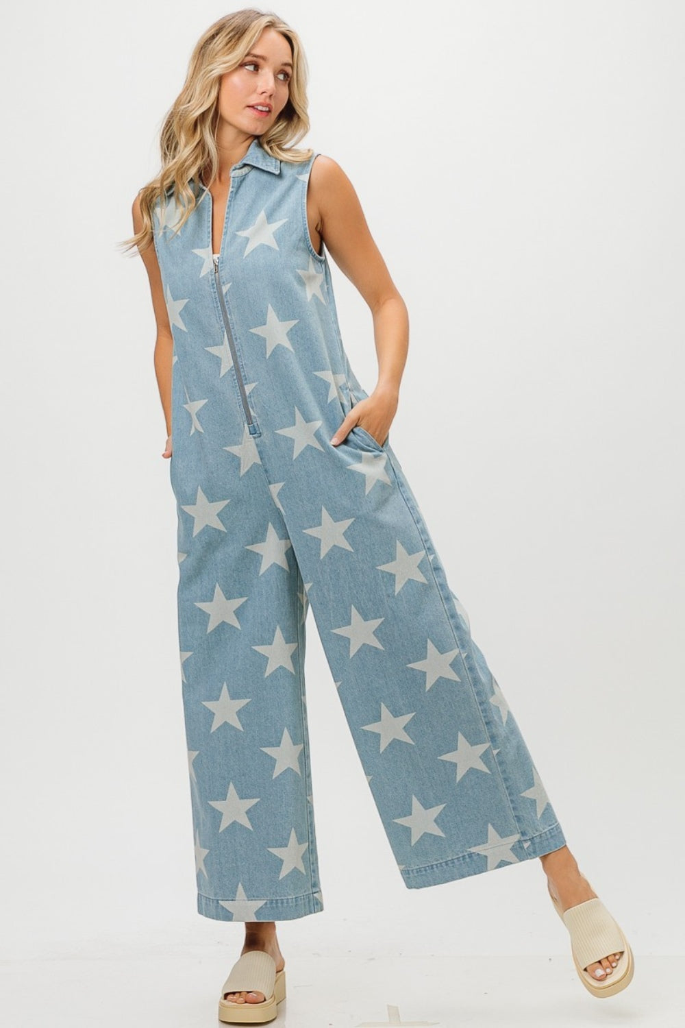 BiBi Star Print Half Zip Sleeveless Denim Jumpsuit-TOPS / DRESSES-[Adult]-[Female]-2022 Online Blue Zone Planet