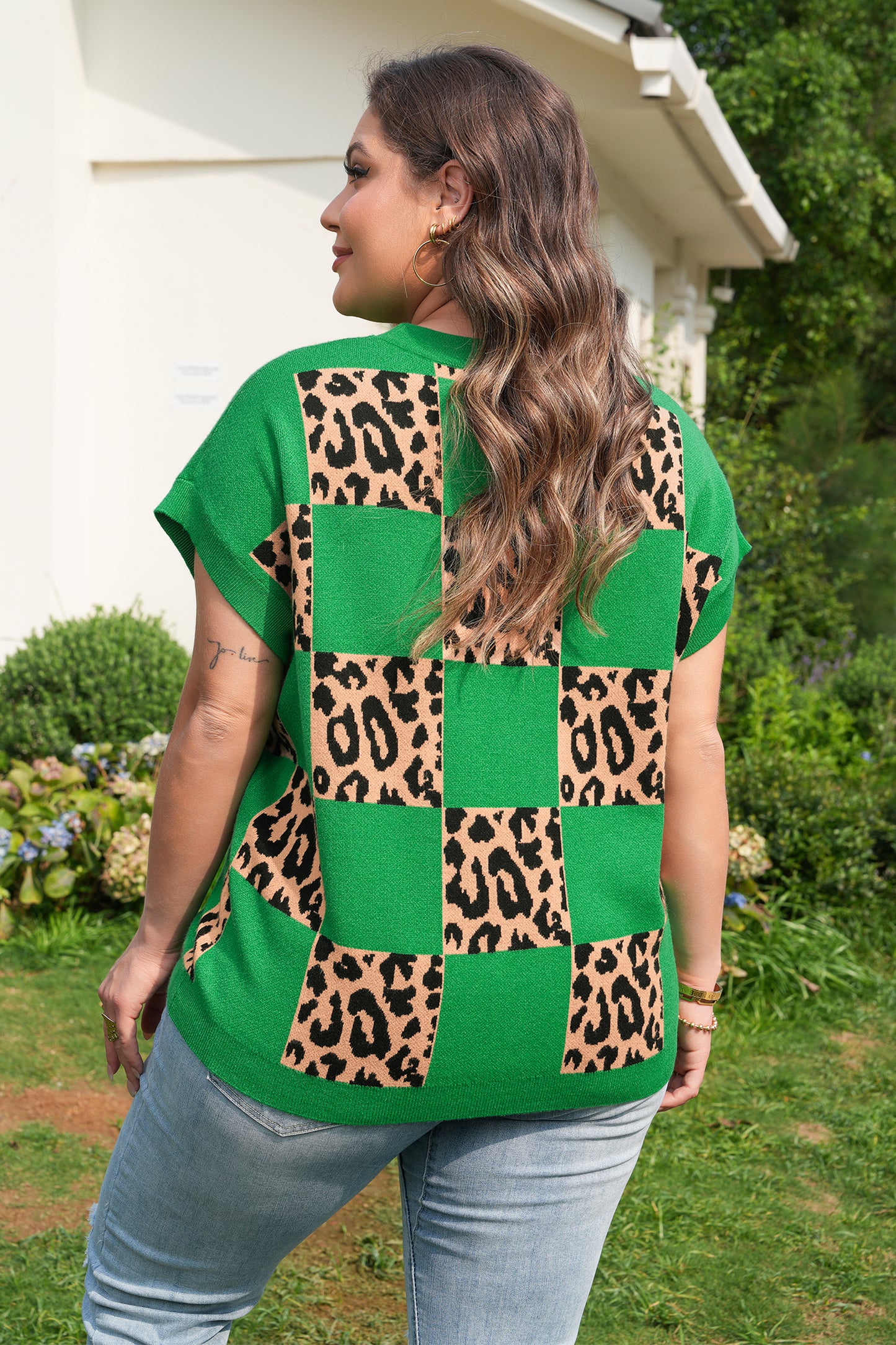 Green Plus Size Leopard Contrasted Checkered Short Sleeve Sweater-TOPS / DRESSES-[Adult]-[Female]-2022 Online Blue Zone Planet