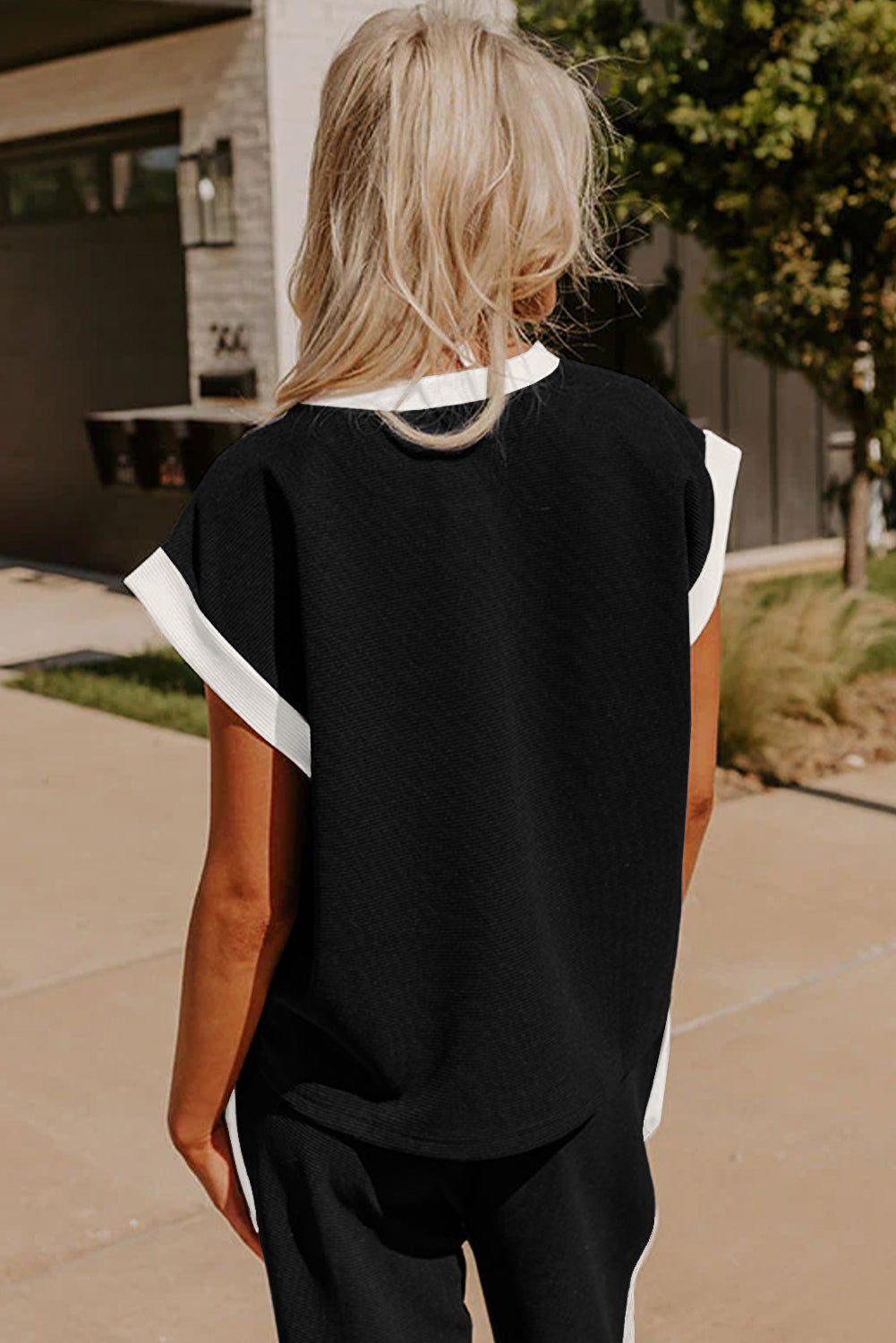 Black Color Block Pocketed T Shirt and Wide Leg Pants Set-Two Piece Sets/Pant Sets-[Adult]-[Female]-2022 Online Blue Zone Planet