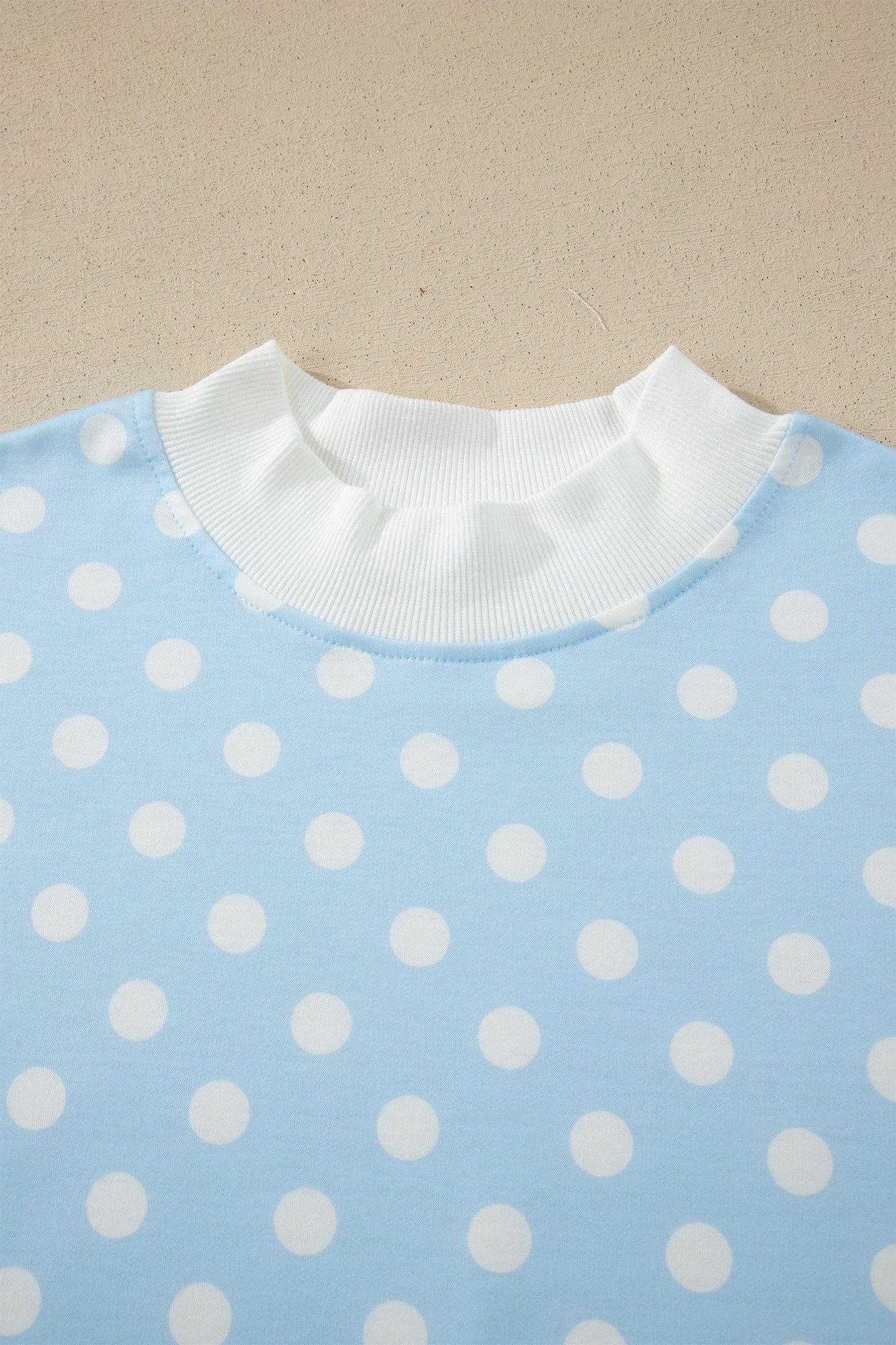 Sky Blue Polka Dot Print Color Block Trim Mock Neck Short Set-Two Piece Sets/Short Sets-[Adult]-[Female]-2022 Online Blue Zone Planet
