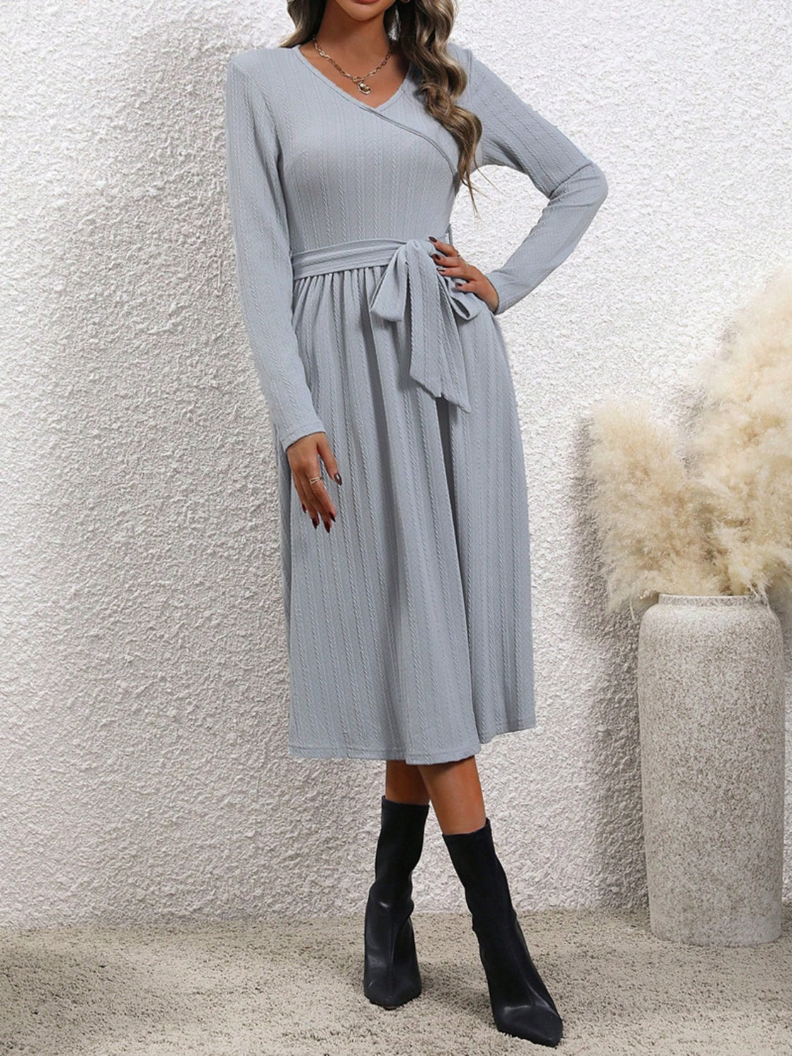 Surplice Tie Waist Long Sleeve Midi Dress-TOPS / DRESSES-[Adult]-[Female]-2022 Online Blue Zone Planet