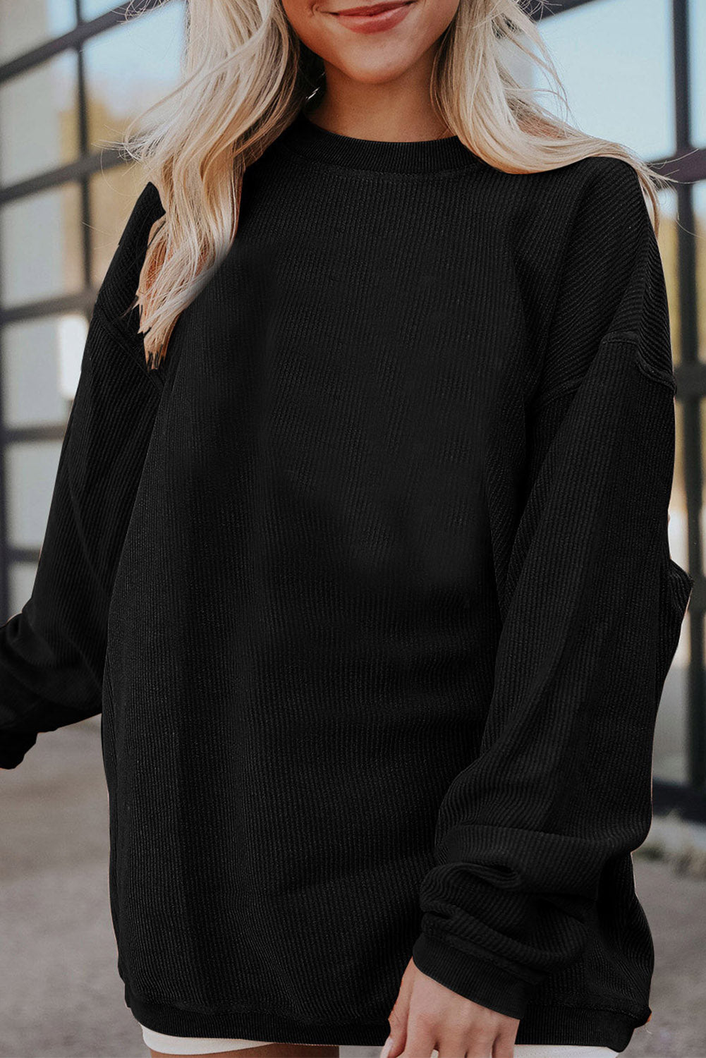 Black Ribbed Corduroy Oversized Sweatshirt-Tops/Sweatshirts & Hoodies-[Adult]-[Female]-Black-S-2022 Online Blue Zone Planet