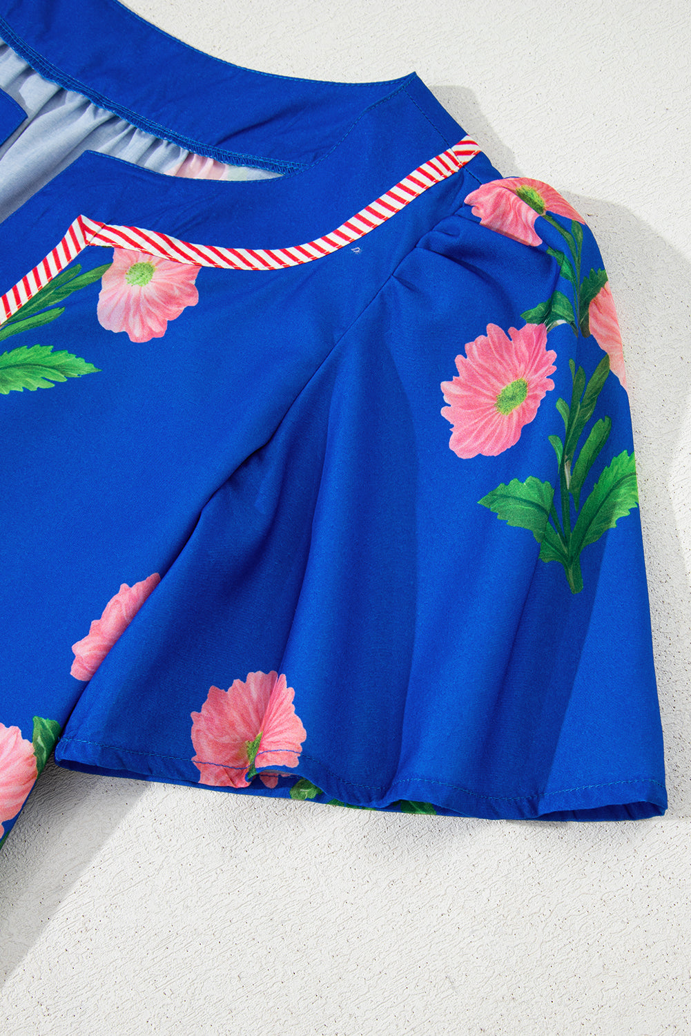 Blue Floral Short Sleeve Split Neck Loose Mini Dress-TOPS / DRESSES-[Adult]-[Female]-2022 Online Blue Zone Planet