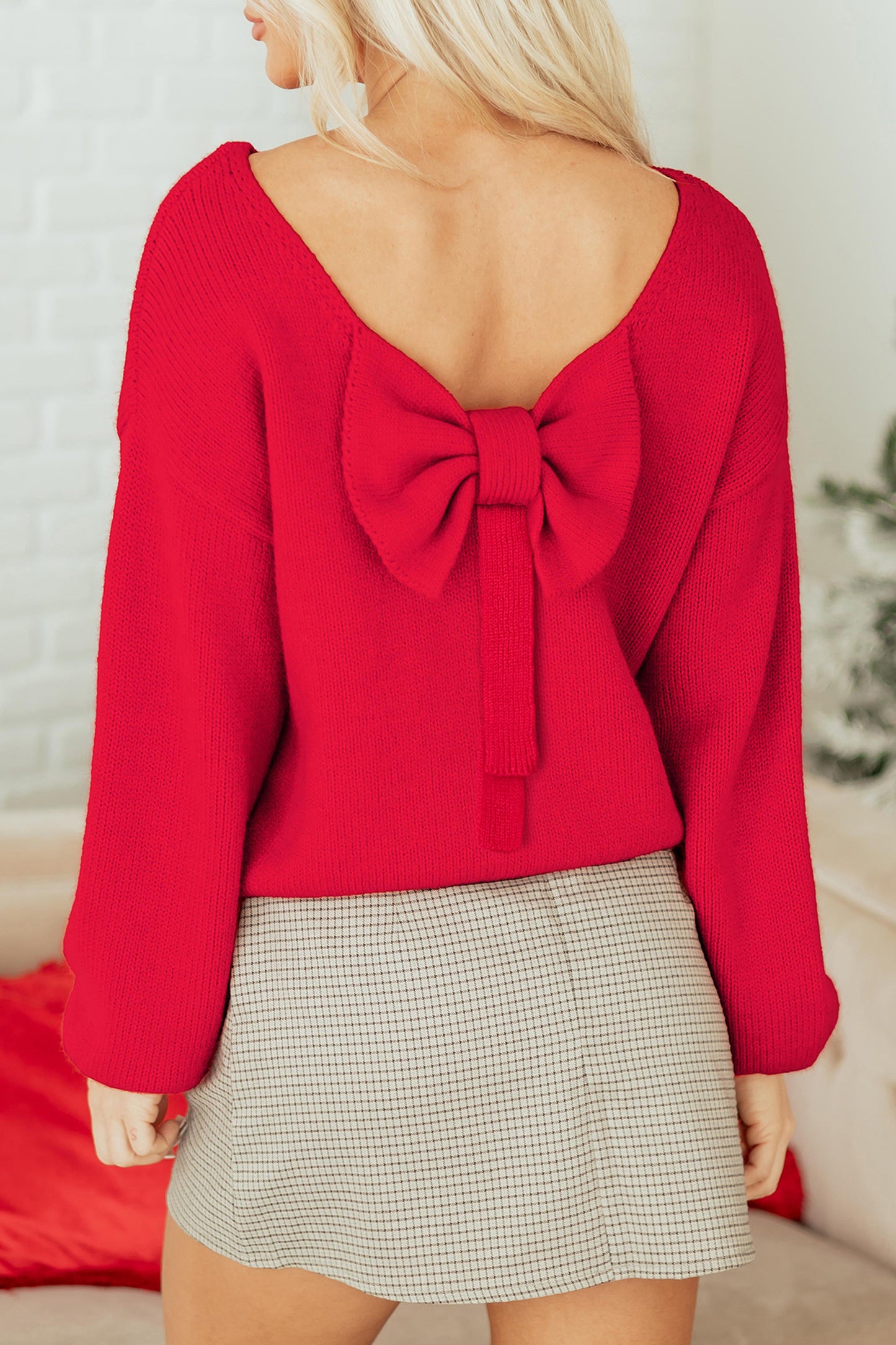 Fiery Red Festive Bow Backless Bubble Sleeve Sweater-TOPS / DRESSES-[Adult]-[Female]-2022 Online Blue Zone Planet