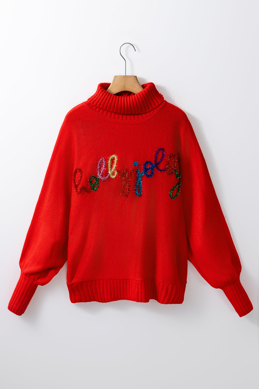 Fiery Red Christmas Holly Jolly Tinsel Graphic High Neck Sweater-Sweaters & Cardigans/Sweaters-[Adult]-[Female]-2022 Online Blue Zone Planet