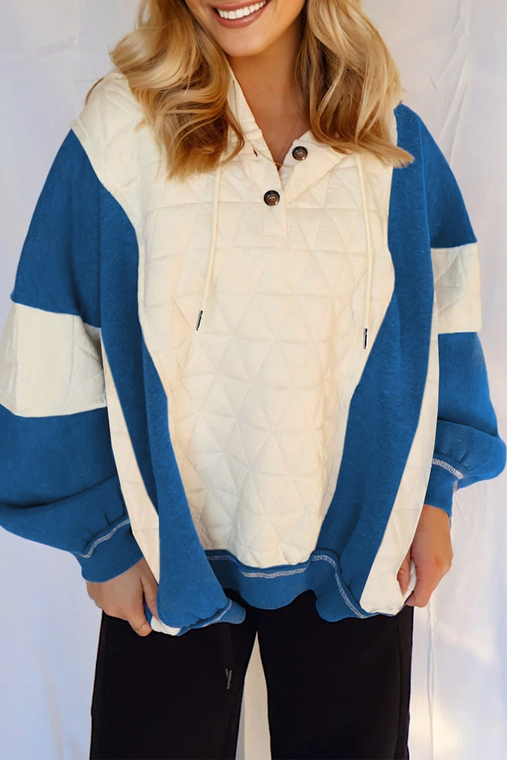 White Quilted Fleece Color Block Patchwork Oversize Hoodie-Tops / Dresses-[Adult]-[Female]-2022 Online Blue Zone Planet