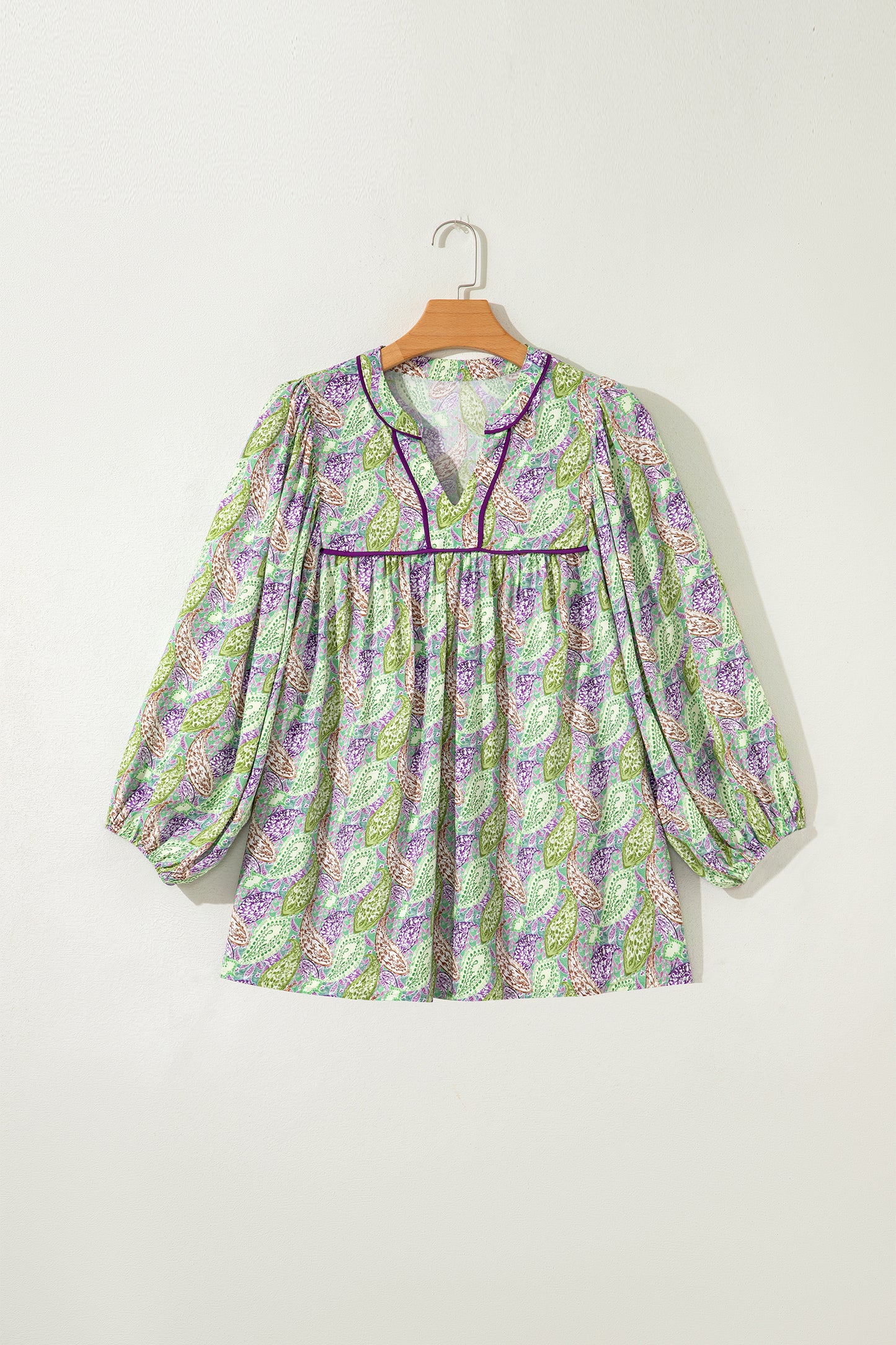 Green Boho Paisley Print Half Puff Sleeve Blouse-Tops/Blouses & Shirts-[Adult]-[Female]-2022 Online Blue Zone Planet