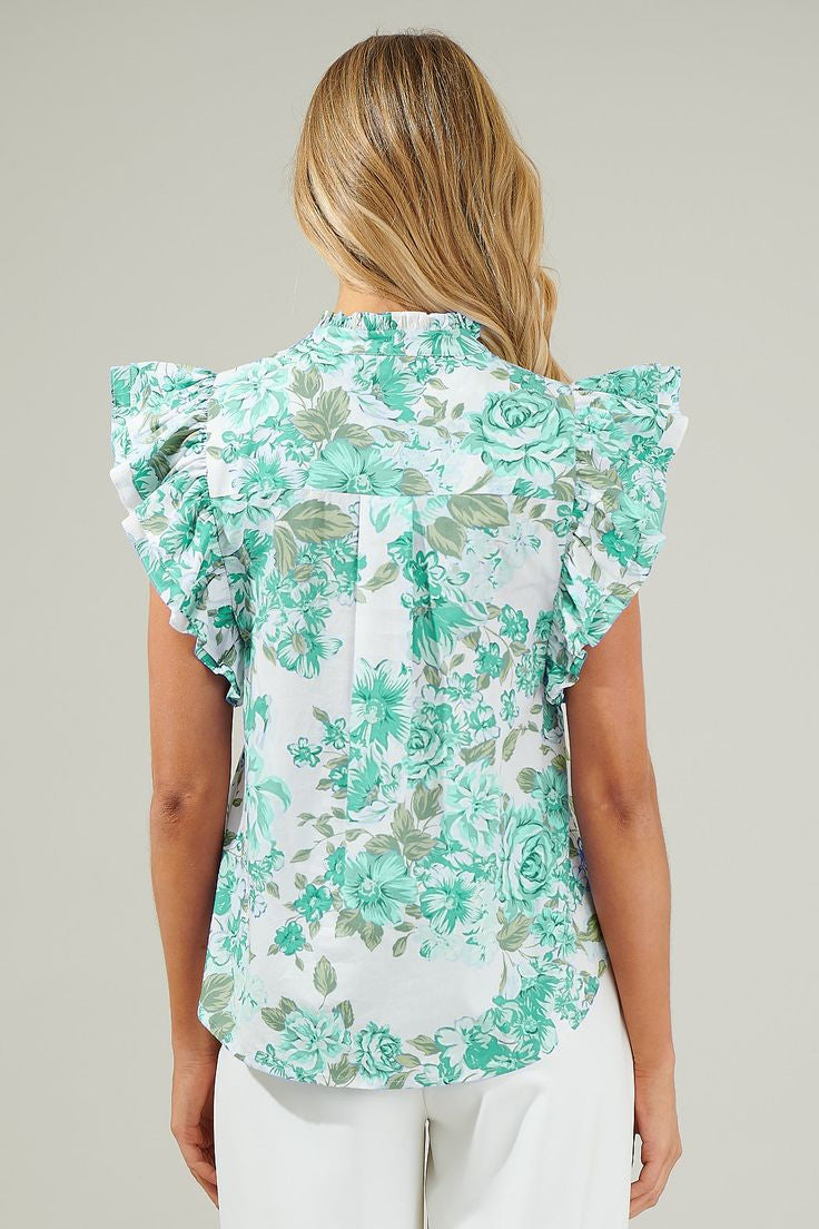 Green Floral Print Ruffle Sleeve Frilly Button Up Shirt-Tops/Blouses & Shirts-[Adult]-[Female]-2022 Online Blue Zone Planet
