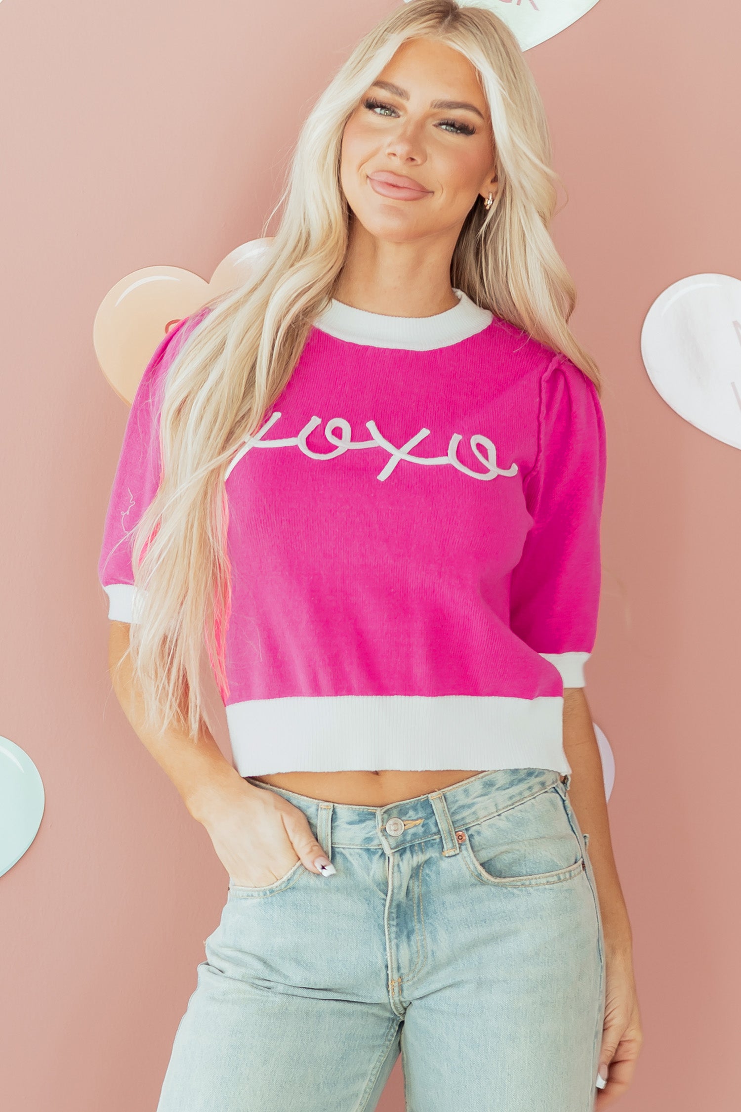 Bright Pink XOXO Embroidered Graphic Valentines Contrast Trim Crew Neck Short Puff Sleeve Sweater Tee-TOPS / DRESSES-[Adult]-[Female]-2022 Online Blue Zone Planet