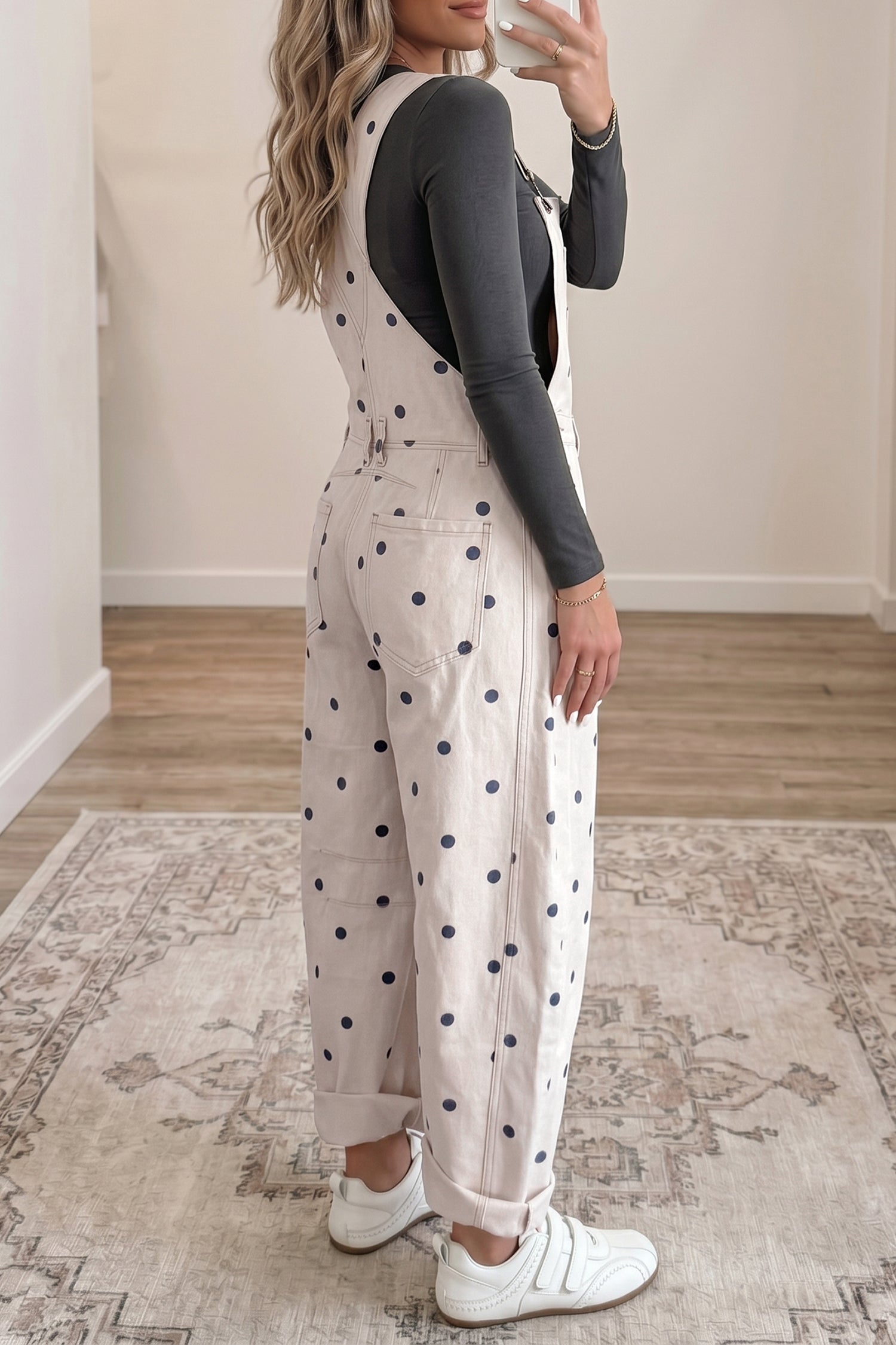 Jet Stream Polka Dot Print Bib Pocket Denim Barrel Overalls Jumpsuit-Bottoms/Jumpsuits & Rompers-[Adult]-[Female]-2022 Online Blue Zone Planet