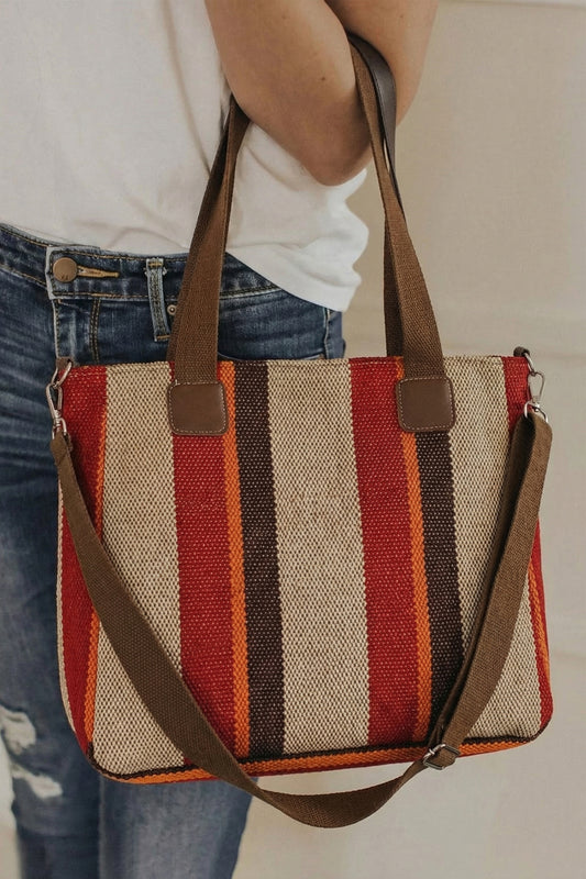 Fiery Red Canvas Striped Convertible Tote Bag-Shoes & Bags/Handbags-[Adult]-[Female]-Fiery Red-ONE SIZE-2022 Online Blue Zone Planet