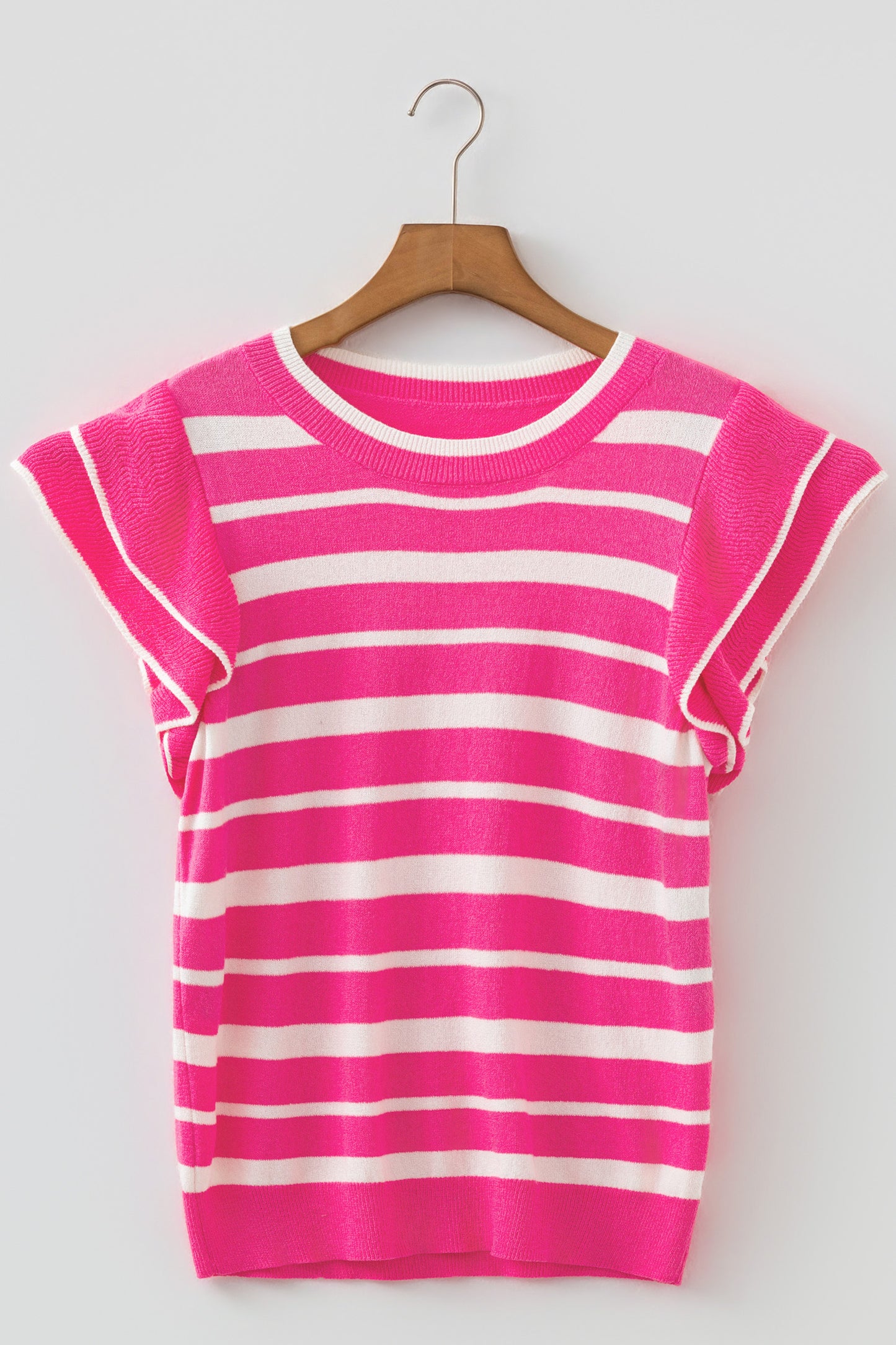 Rose Stripe Double Ruffle Short Sleeve Lightweight Knit Sweater-Sweaters & Cardigans/Short Sleeve Sweaters-[Adult]-[Female]-2022 Online Blue Zone Planet