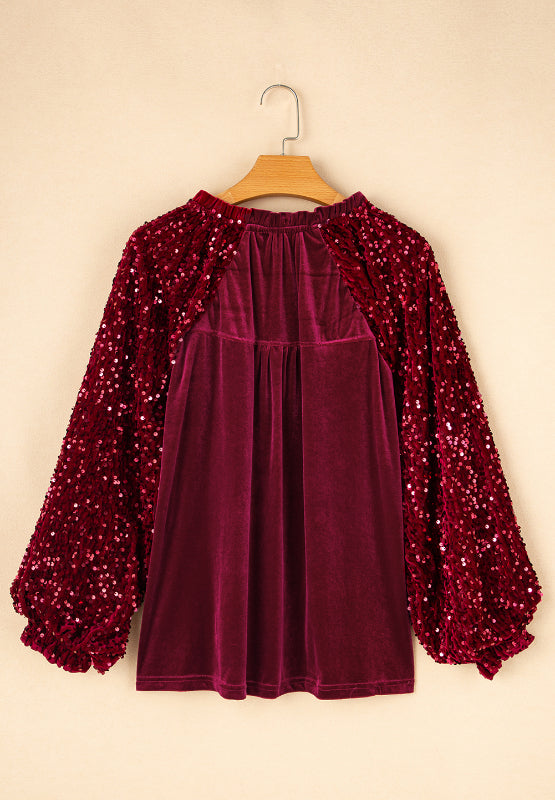 Sequin Notched Long Sleeve Blouse-TOPS / DRESSES-[Adult]-[Female]-2022 Online Blue Zone Planet