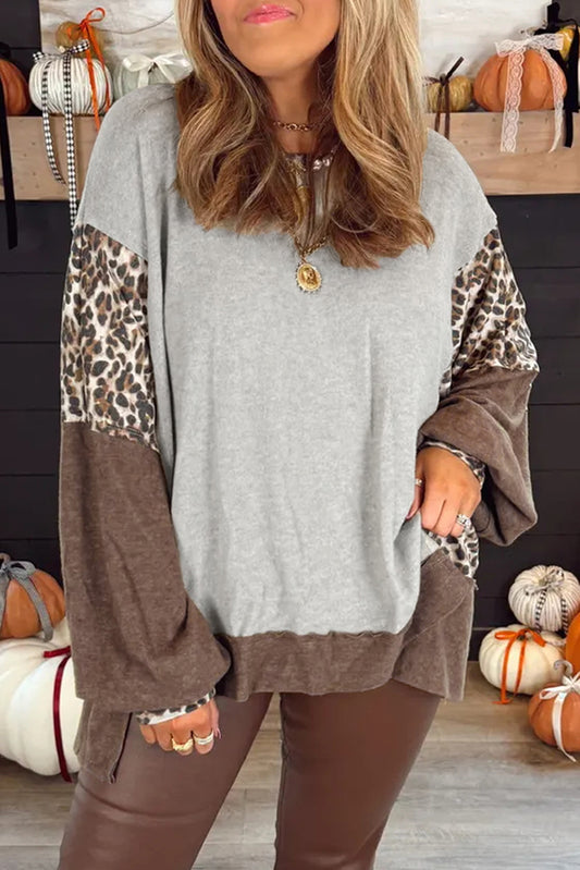 Gray Color Block Leopard Patchwork Dolman Sleeve High Low Baggy Sweatshirt-Tops/Sweatshirts & Hoodies-[Adult]-[Female]-Gray-S-2022 Online Blue Zone Planet