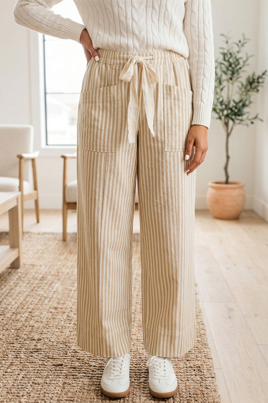Apricot Stripe Ribbon Drawstring Waist Full-Length Shift Pant-Bottoms/Pants & Culotte-[Adult]-[Female]-Apricot Stripe-S-2022 Online Blue Zone Planet