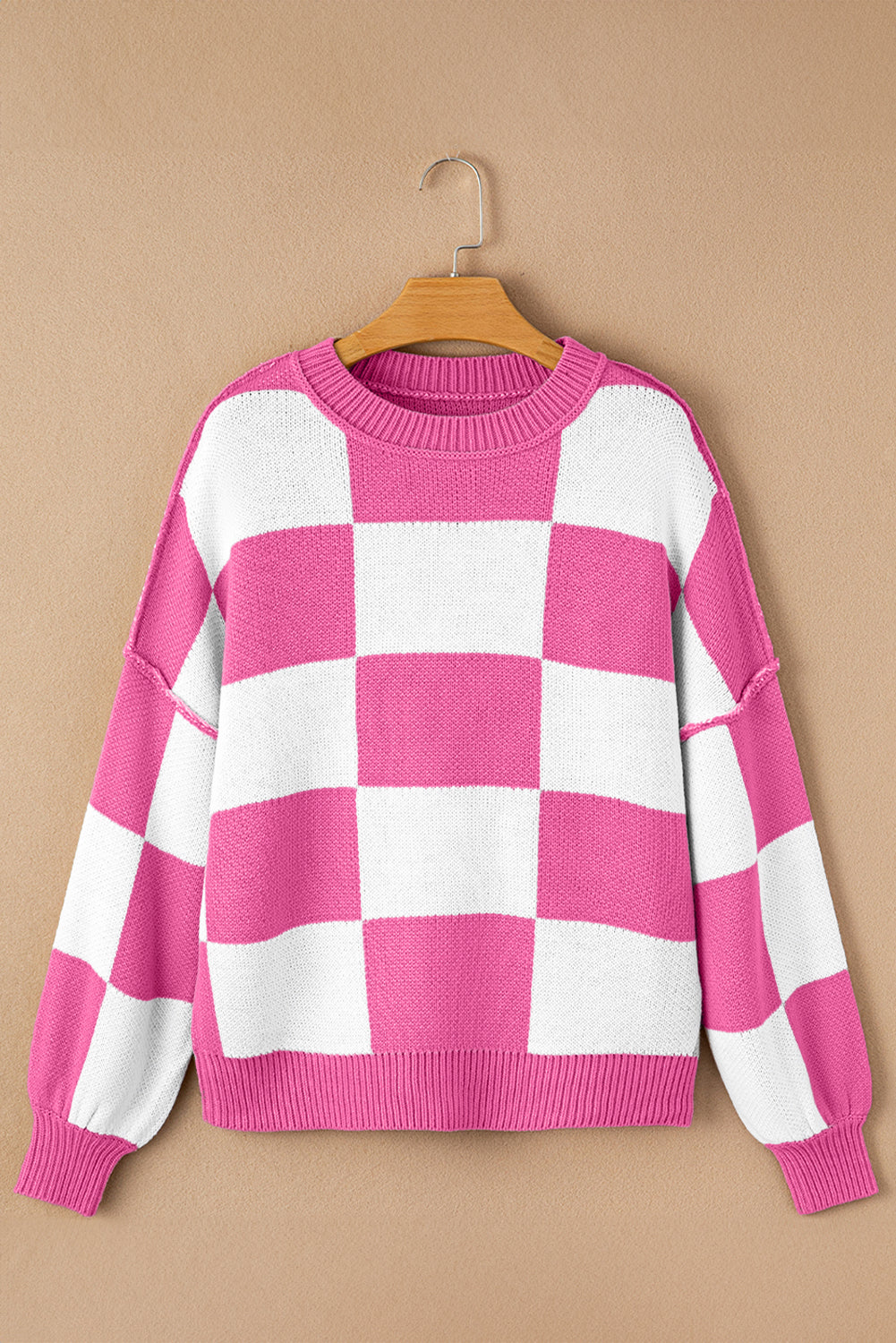 Blue Zone Planet | Pink Checked Bishop Sleeve Pullover Sweater-Sweaters-[Adult]-[Female]-2022 Online Blue Zone Planet