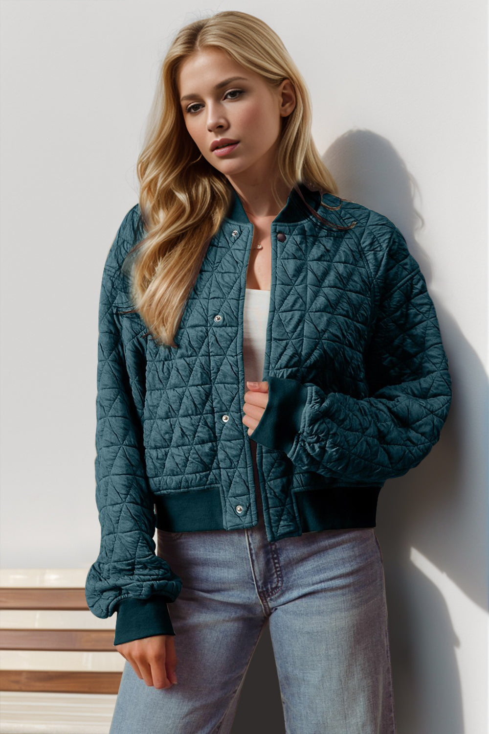 Double Take Quilted Snap Down Cropped Bomber Jacket-TOPS / DRESSES-[Adult]-[Female]-French Blue-S-2022 Online Blue Zone Planet