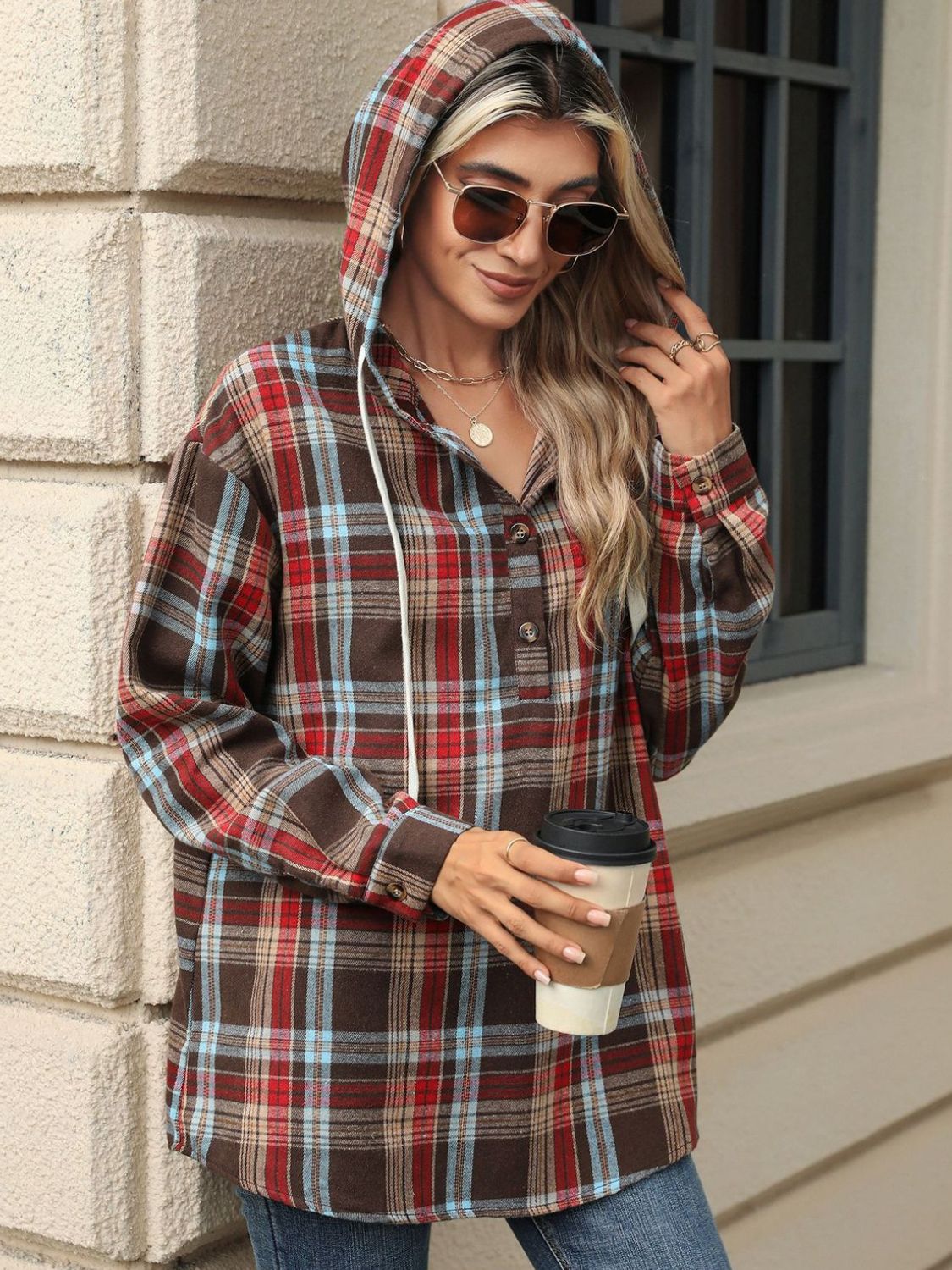 Blue Zone Planet | Drawstring Plaid Hooded Long Sleeve Top-TOPS / DRESSES-[Adult]-[Female]-Coffee Brown-S-2022 Online Blue Zone Planet