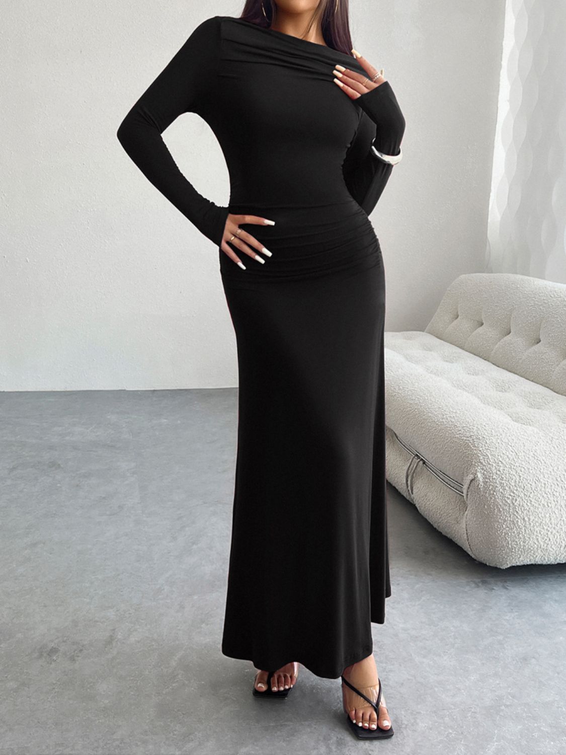 Ruched Long Sleeve Maxi Dress-TOPS / DRESSES-[Adult]-[Female]-2022 Online Blue Zone Planet