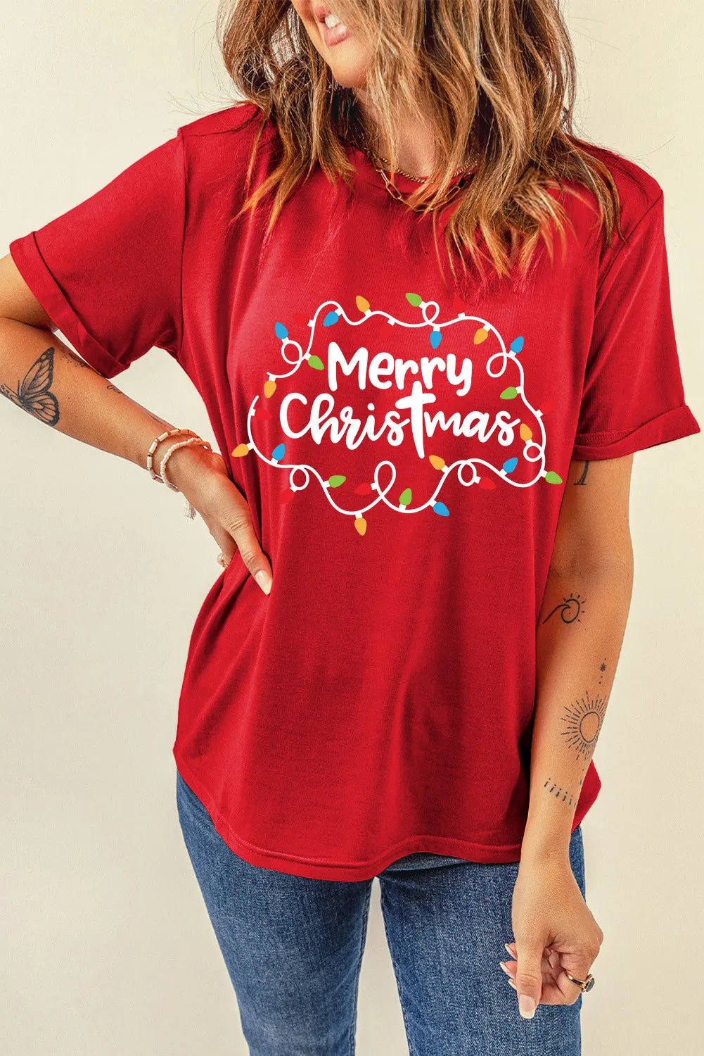 MERRY CHRISTMAS Round Neck Short Sleeve T-Shirt-TOPS / DRESSES-[Adult]-[Female]-2022 Online Blue Zone Planet