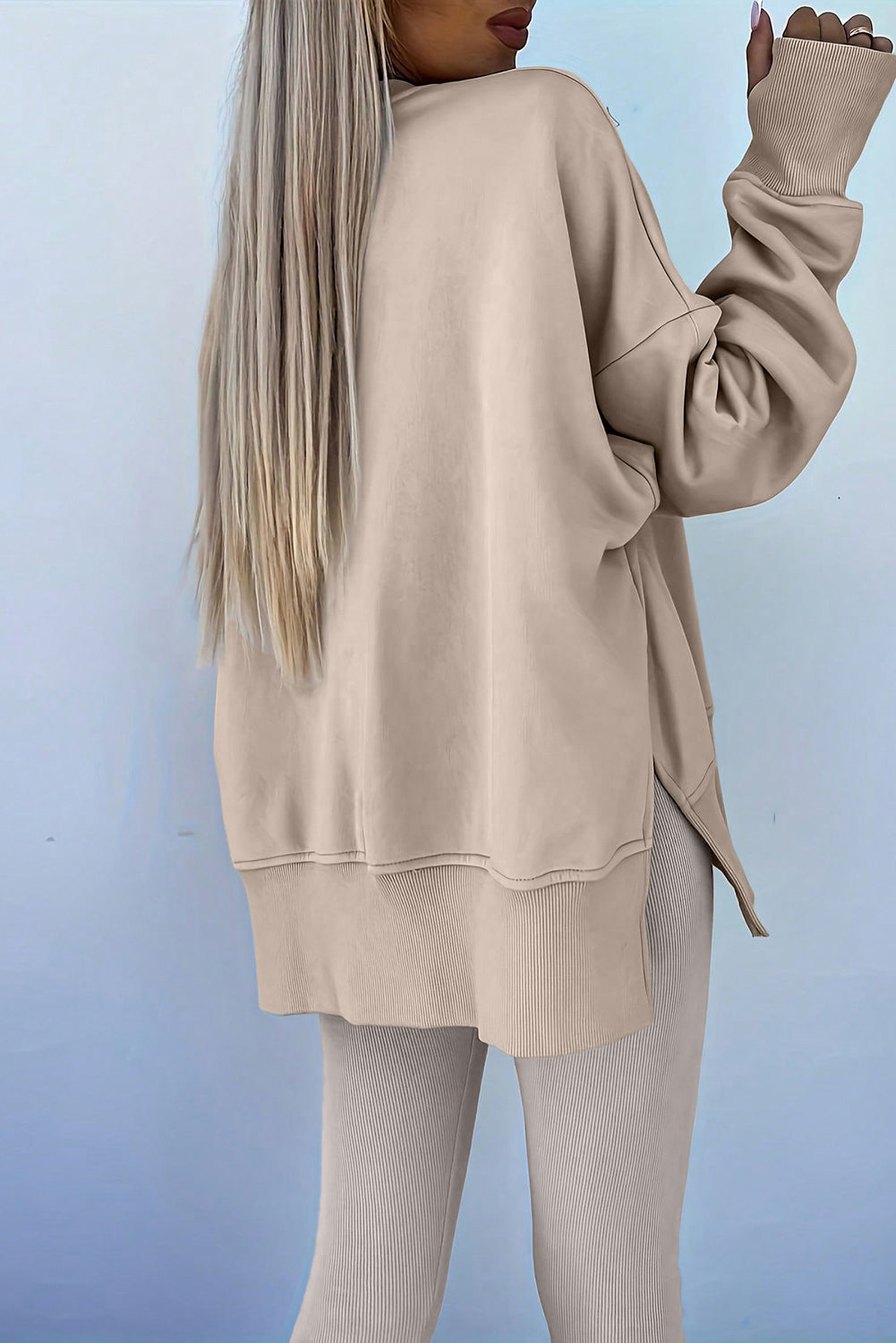 Jet Stream Solid Color Oversize Slit Sweatshirt Ribbed Leggings 2pcs Set-Two Piece Sets/Pant Sets-[Adult]-[Female]-2022 Online Blue Zone Planet