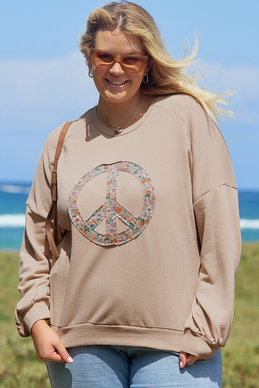 Blue Zone Planet | Pale Khaki Floral Peace Sign Graphic Washed Terry Plus Size Sweatshirt-TOPS / DRESSES-[Adult]-[Female]-2022 Online Blue Zone Planet