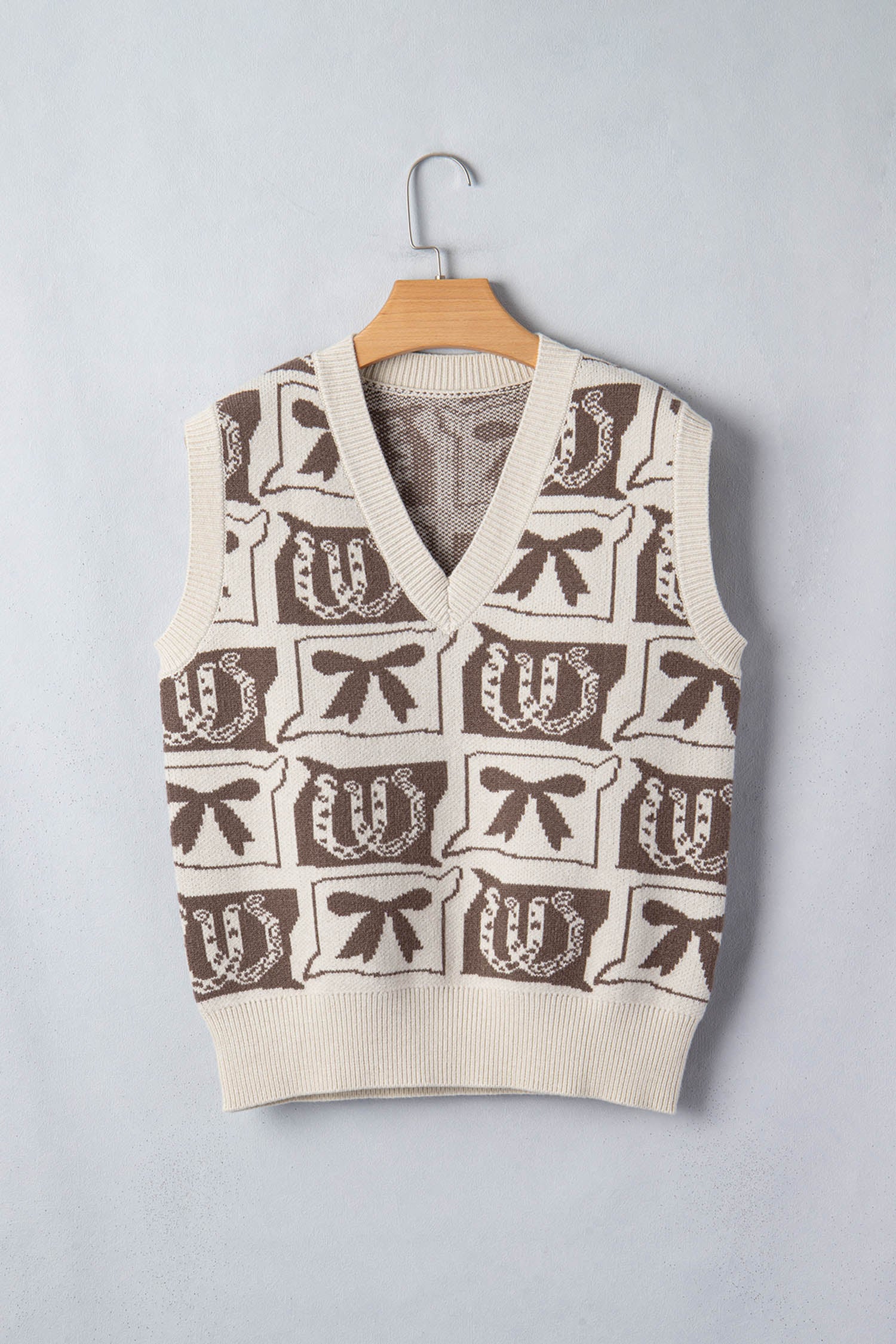 Brown Western Horseshoe Bow Printed V Neck Loose Sweater Vest-Sweaters & Cardigans/Sweater Vests-[Adult]-[Female]-2022 Online Blue Zone Planet