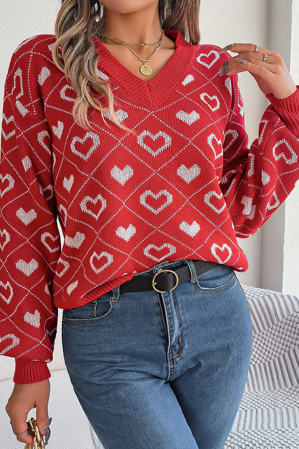 Racing Red Heart Print Lantern Sleeve Sweater-Sweaters-[Adult]-[Female]-2022 Online Blue Zone Planet