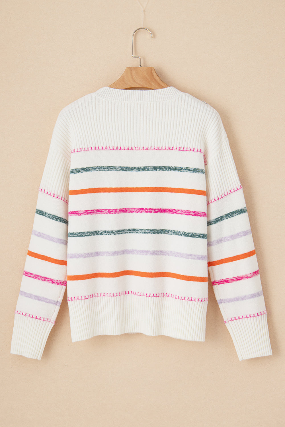 Blue Zone Planet | Black Colorful Striped Ribbed Trim Round Neck Sweater-Sweaters-[Adult]-[Female]-2022 Online Blue Zone Planet