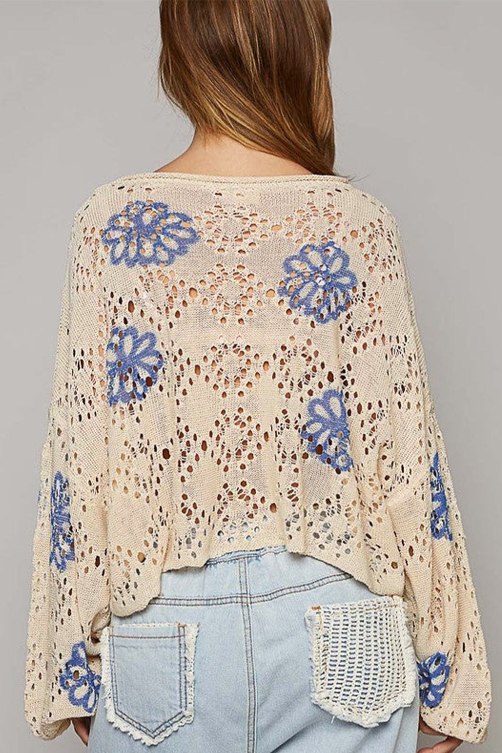 Beige Contrast Flower Print Eyelet Drop Shoulder Sweater-Sweaters & Cardigans/Sweaters-[Adult]-[Female]-2022 Online Blue Zone Planet